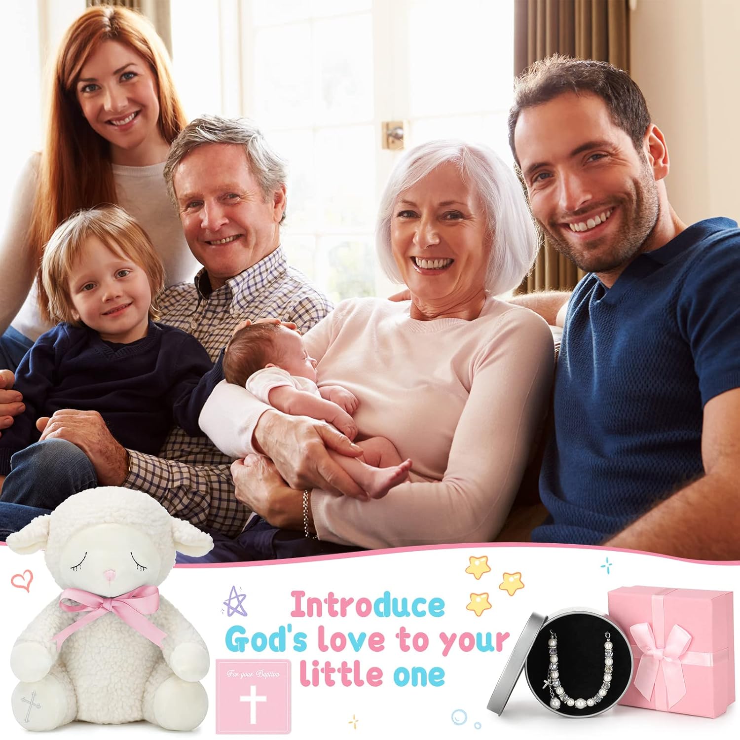 5 piezas de regalos de bautismo para niñas incluyen tarjeta de poesía de felpa de cordero de 8.5 pulgadas con caja de regalo, pulsera de bautismo