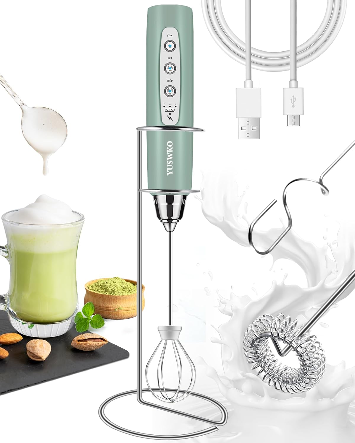 YUSWKO Espumador de leche recargable para café con soporte, mezclador de bebidas de mano con 3 cabezales, 3 velocidades, agitadores eléctricos para
