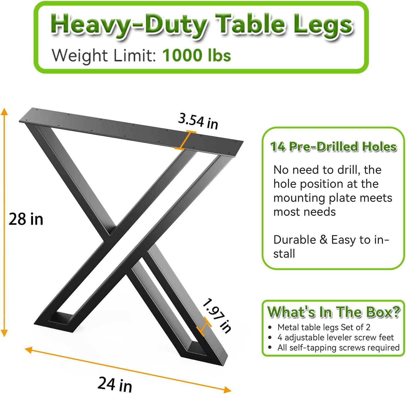 Patas de metal para mesa de 28 x 24 pulgadas, patas de escritorio industrial en forma de X, juego de 2 patas de muebles resistentes para mesa de