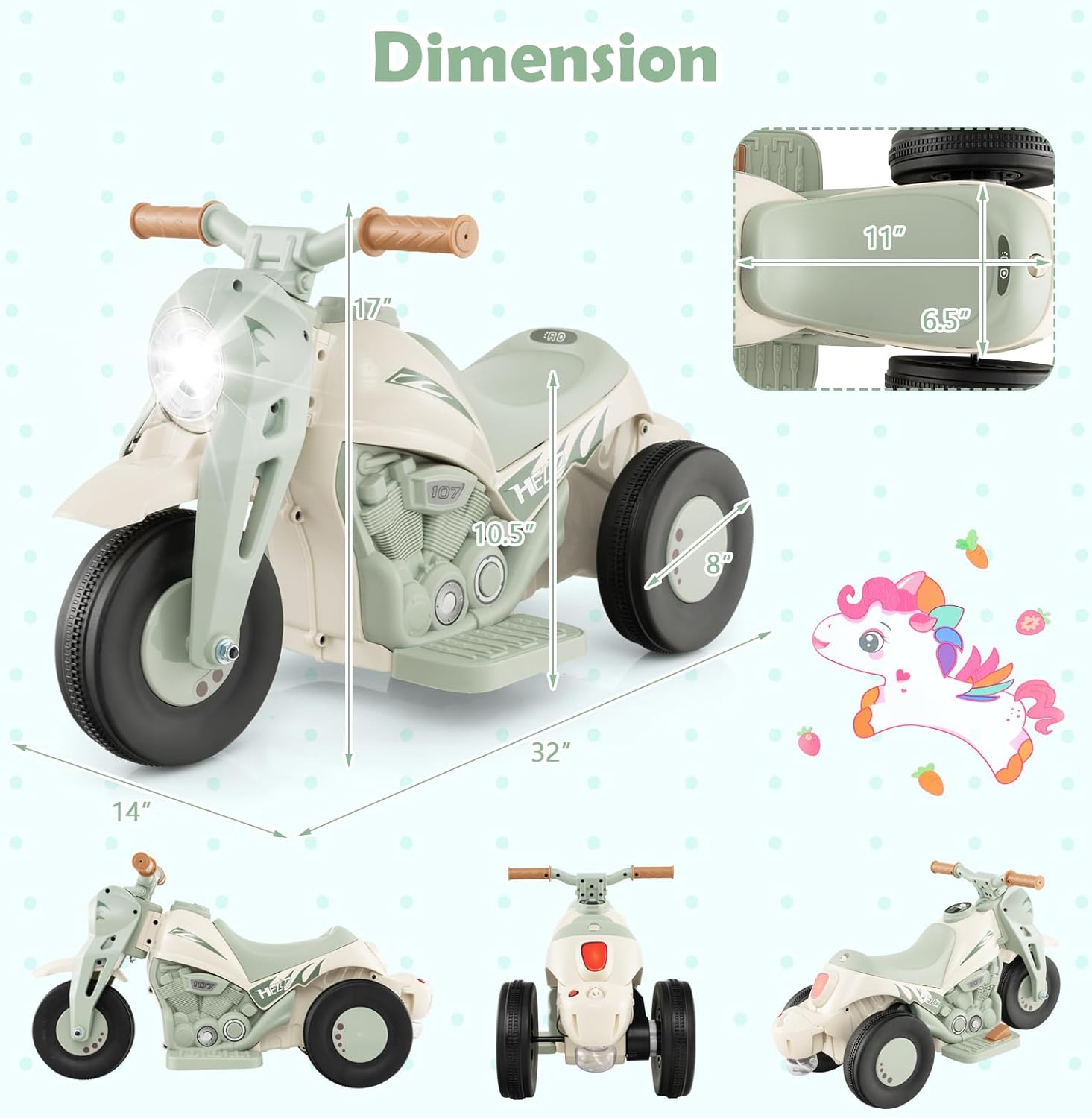 HONEY JOY Motocicleta de paseo de 6 V con fabricante de burbujas, luz LED, música, pedal de pie, adelanteatrás, motocicleta eléctrica de 3 ruedas
