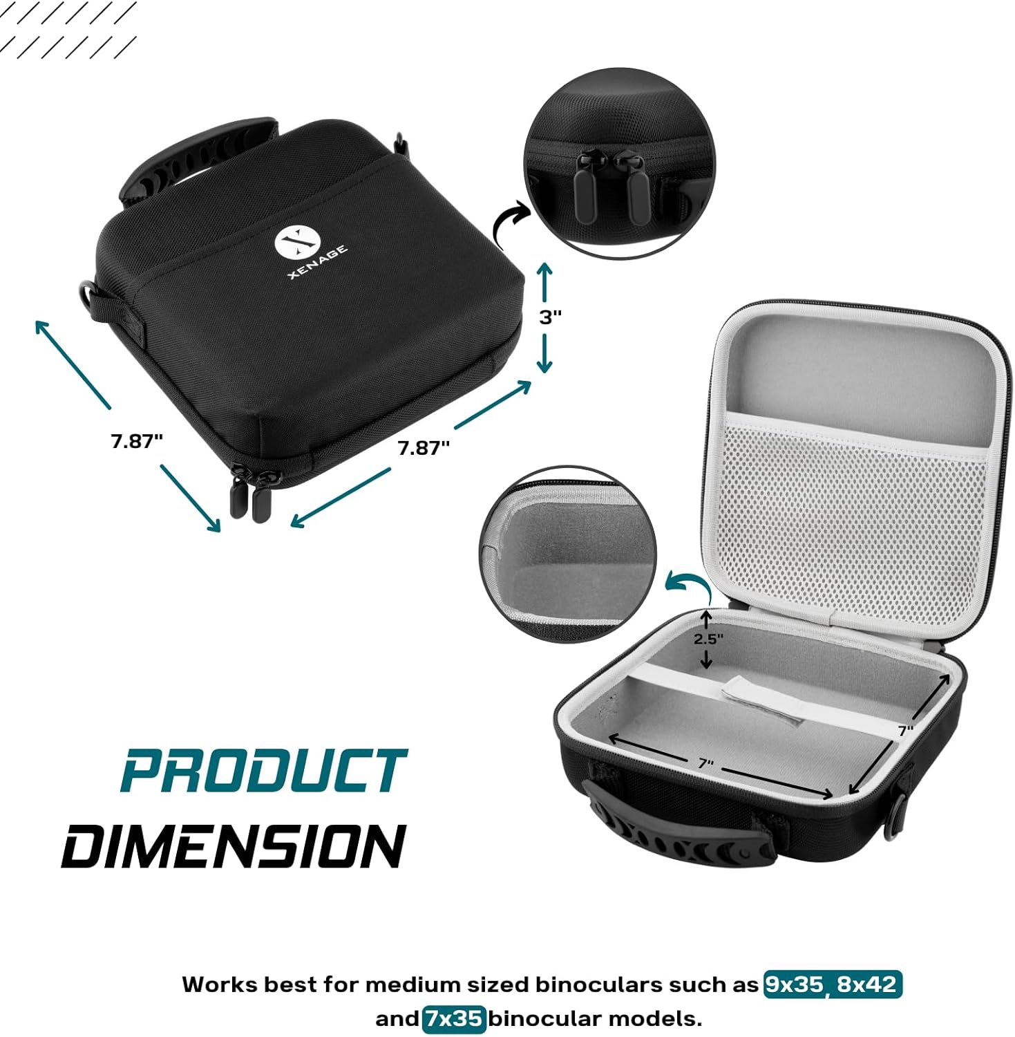 Funda para binoculares con funda rígida de EVA resistente al agua (7 x 7 x 2.5 pulgadas), asa de transporte y correa de transporte para senderismo,