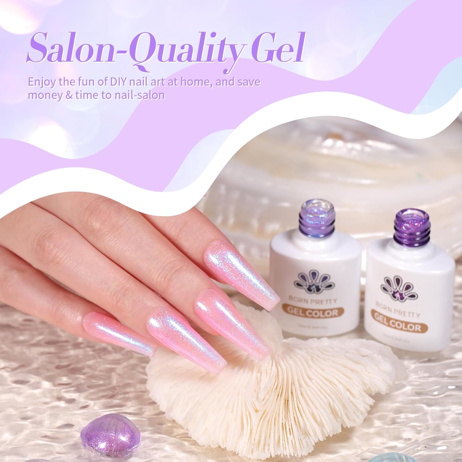 Born Pretty Juego de esmaltes de uñas de gel de perlas con brillo de sirena brillante, esmalte de gel transparente de gelatina nacarada, barniz de