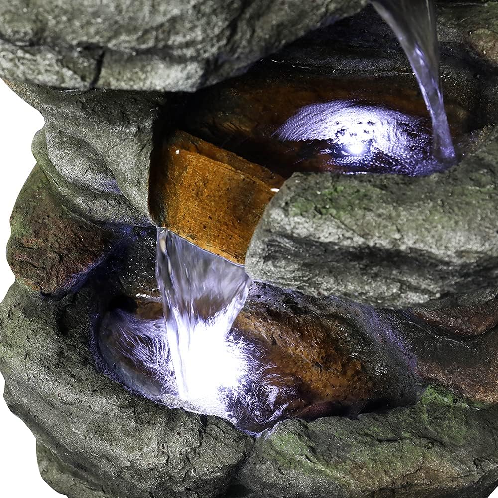 Naturefalls Fuente de agua de roca de 32.6 pulgadas con luces LED, fuente de agua de poliresina de 6 niveles para exteriores, características de