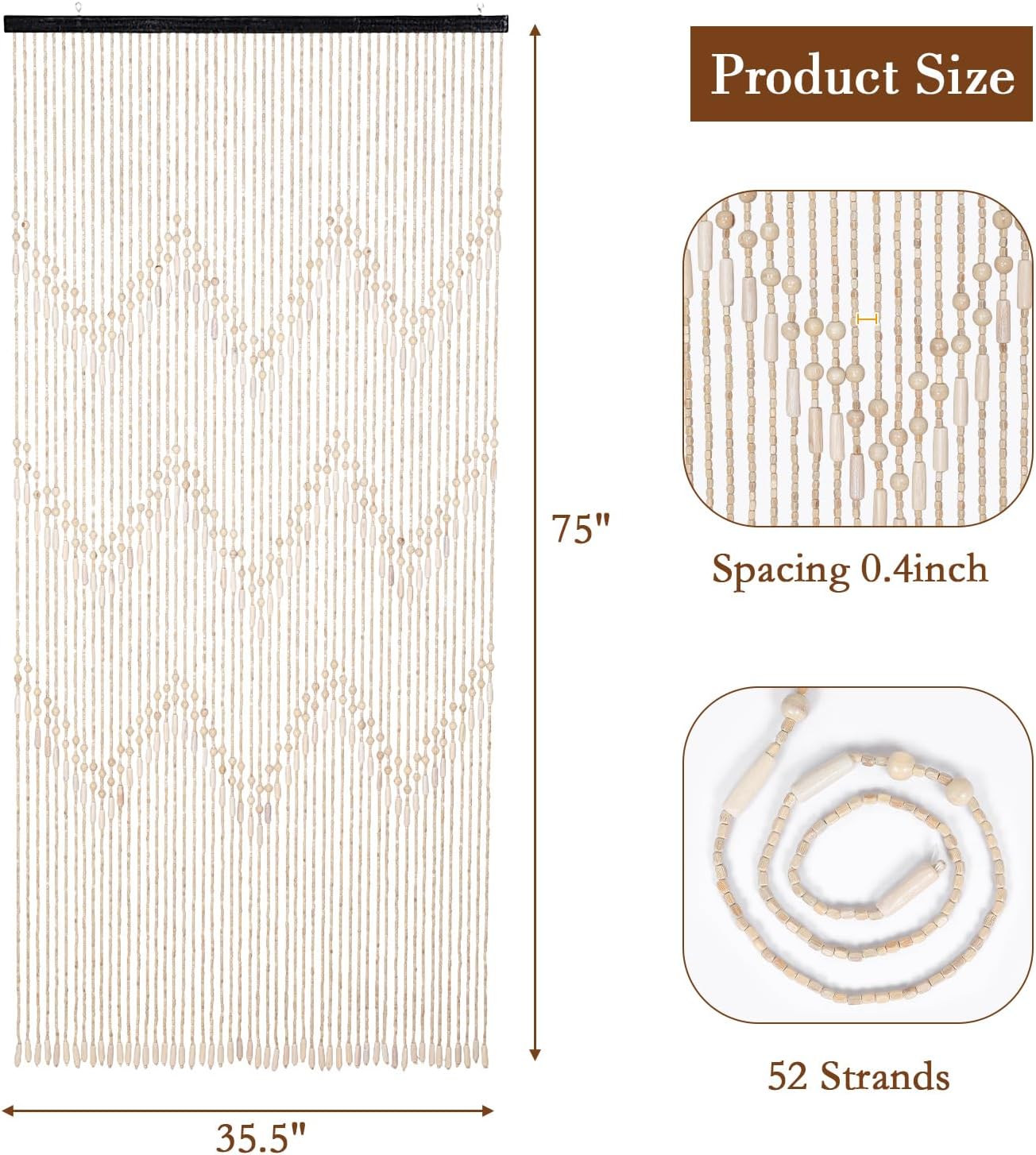 Cortina hecha a mano con cuentas para puerta, de madera de bambú, cortina para colgar separador de habitaciones, cortina hippie para ventana de