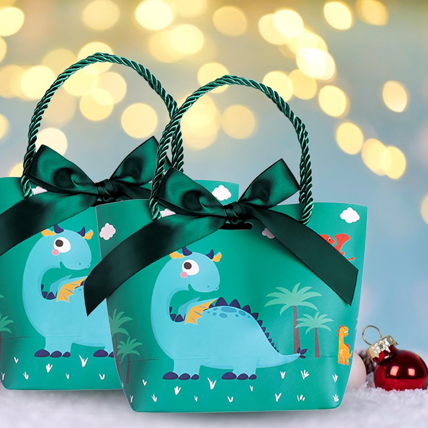 Paquete de 6 bolsas de regalo de dinosaurio con asas y lazo, bolsas de papel de dinosaurio verde para fiestas, suministros de fiesta para