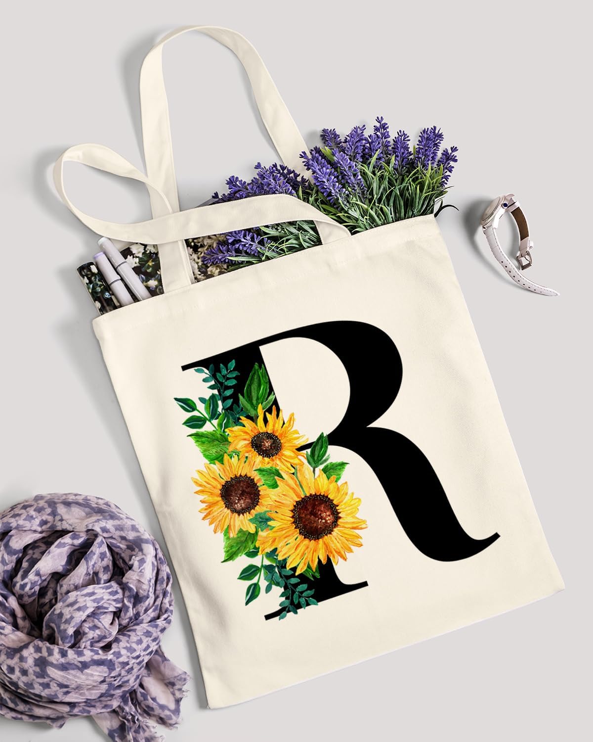 AUSVKAI Bolsa de lona estética para mujer, lindas bolsas de girasol con iniciales de moda con asa para comestibles