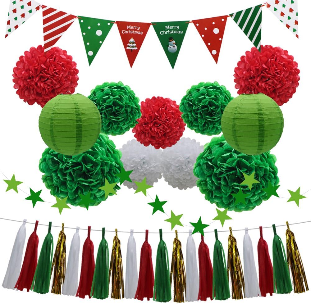 Juego de 33 suministros de decoración de fiesta de Navidad, faroles de papel, borlas, guirnalda colgante, banderines de tejido, pompones, flores,