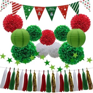 Juego de 33 suministros de decoración de fiesta de Navidad, faroles de papel, borlas, guirnalda colgante, banderines de tejido, pompones, flores, Juego de 33 suministros de decoración de fiesta de Navidad, faroles de papel, borlas, guirnalda colgante, banderines de tejido, pompones, flores,