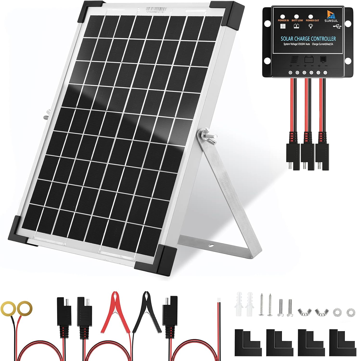 Kit de panel solar de 10 vatios y 12 V, cargador de batería con controlador de carga solar PWM impermeable 5A 12V24V PWM y soporte de montaje de