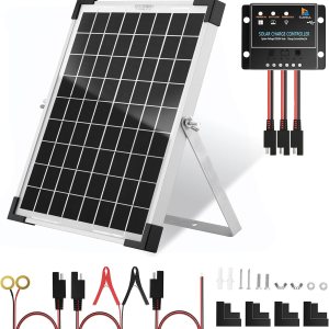 Kit de panel solar de 10 vatios y 12 V, cargador de batería con controlador de carga solar PWM impermeable 5A 12V24V PWM y soporte de montaje de Kit de panel solar de 10 vatios y 12 V, cargador de batería con controlador de carga solar PWM impermeable 5A 12V24V PWM y soporte de montaje de