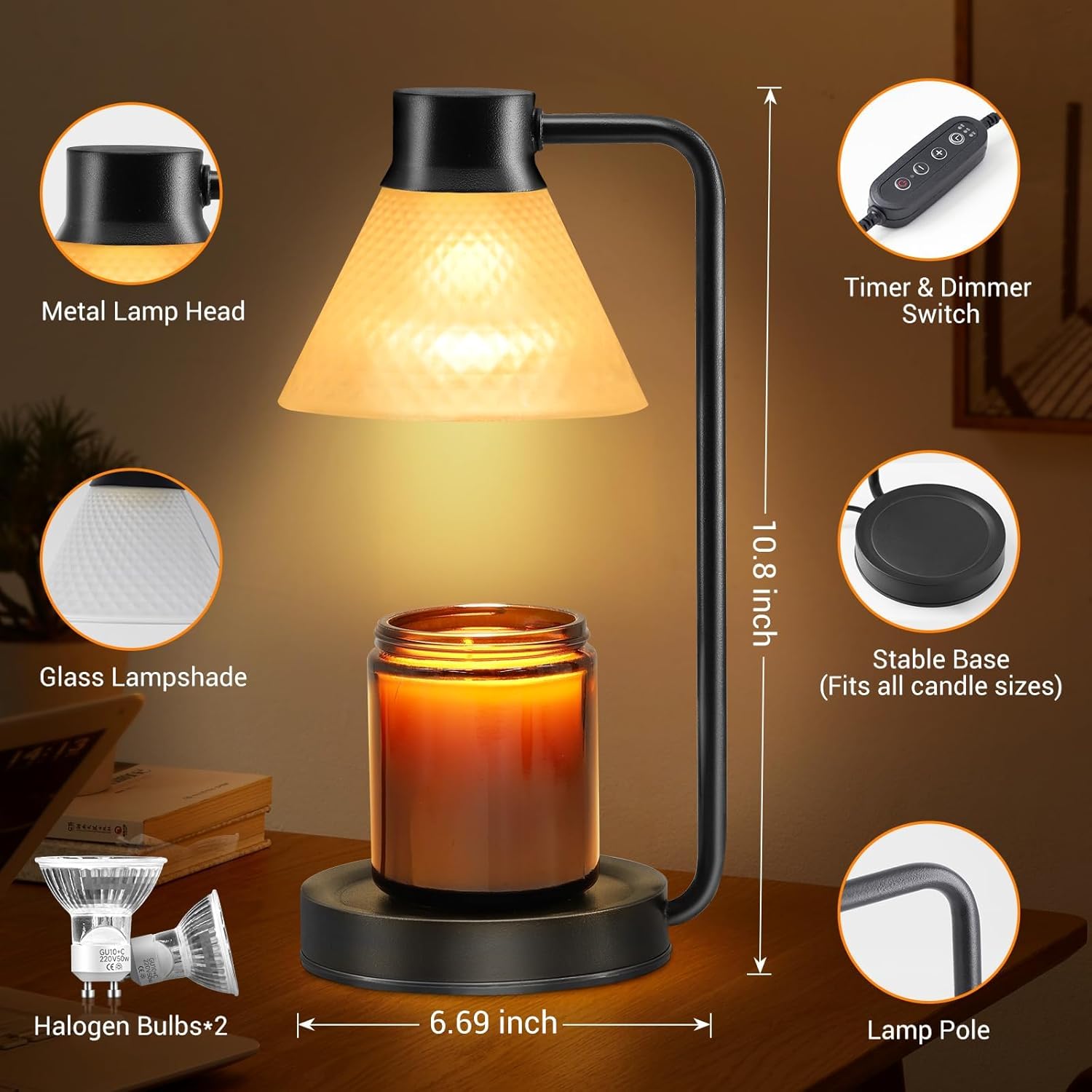 Atapeas Lámpara calentadora de velas, calentador eléctrico de lámpara de vela con regulable y temporizador para velas perfumadas en frascos, luz