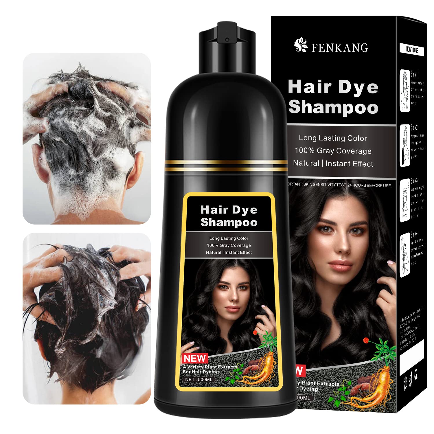 Champú instantáneo de tinte para cabello castaño para cabello gris 3 en 1, champú de cabello castaño natural para mujeres y hombres, colores negros,