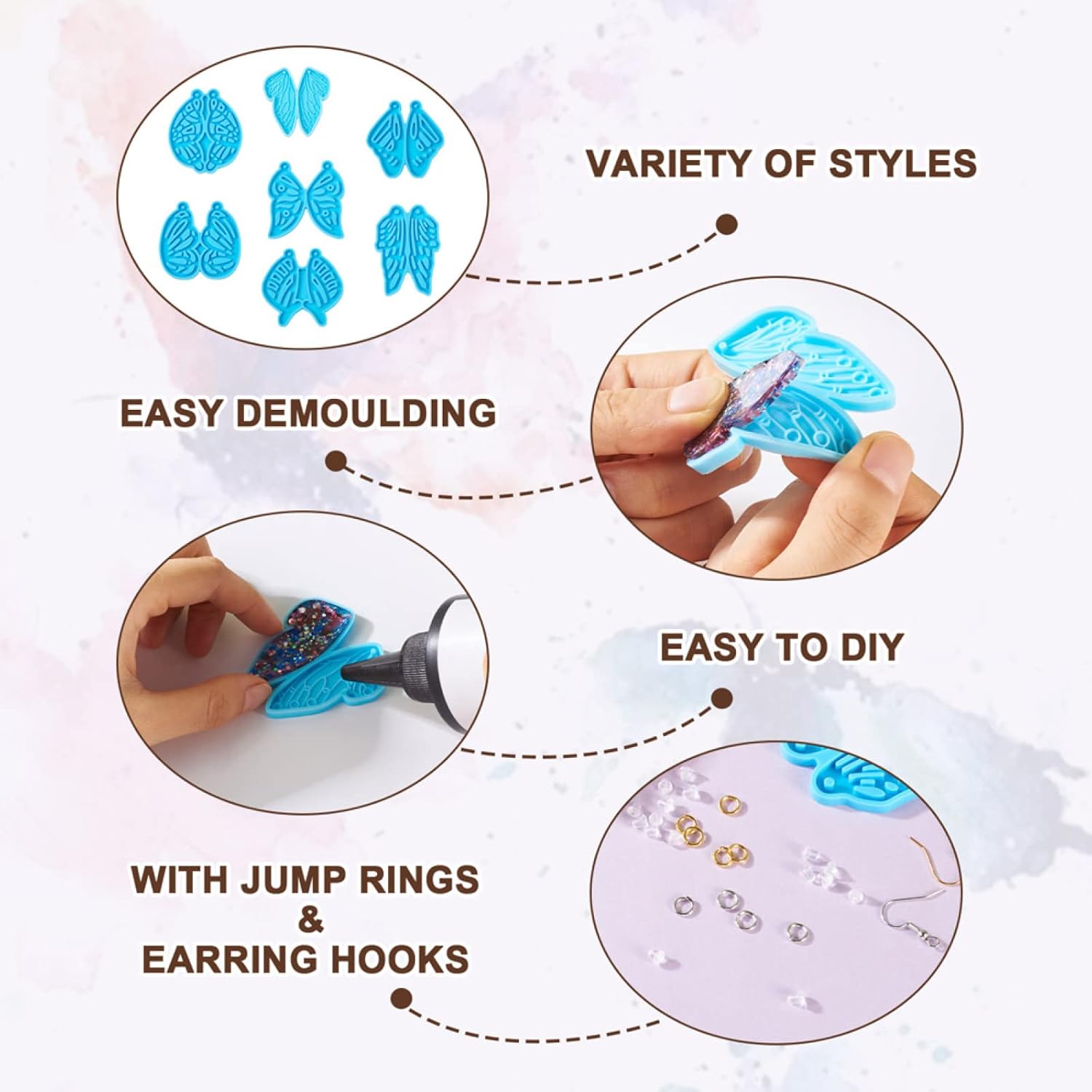 Kit de moldes para aretes de ala de mariposa, 7 piezas, molde de silicona con anillos de salto, ganchos para aretes, tuercas de plástico para aretes