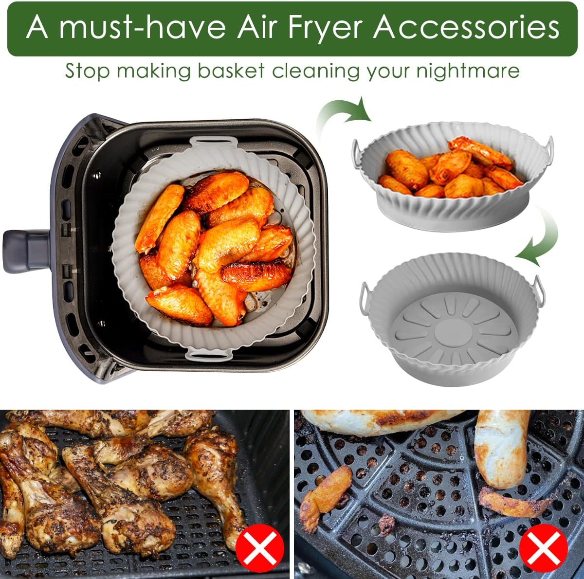 Paquete de 3 forros de silicona para freidora de aire de 8.6 pulgadas, reutilizables, cesta de silicona para freidora de aire, resistente al calor,
