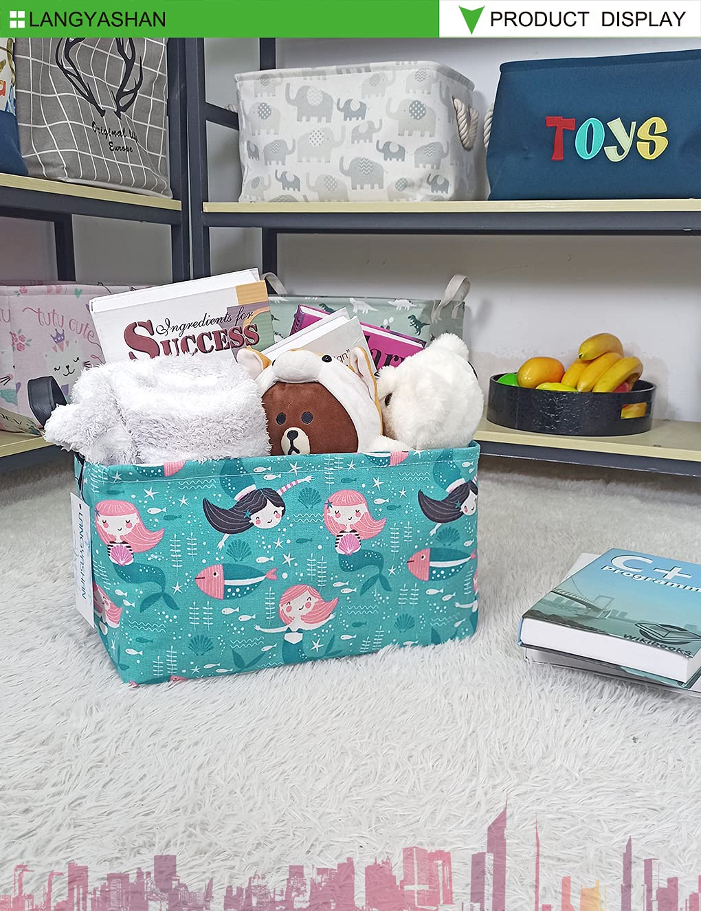 LANGYASHAN Cesta de almacenamiento rectangular de lona plegable de tela de dibujos animados con asas para organizar el hogar, cocina, niños y niñas,