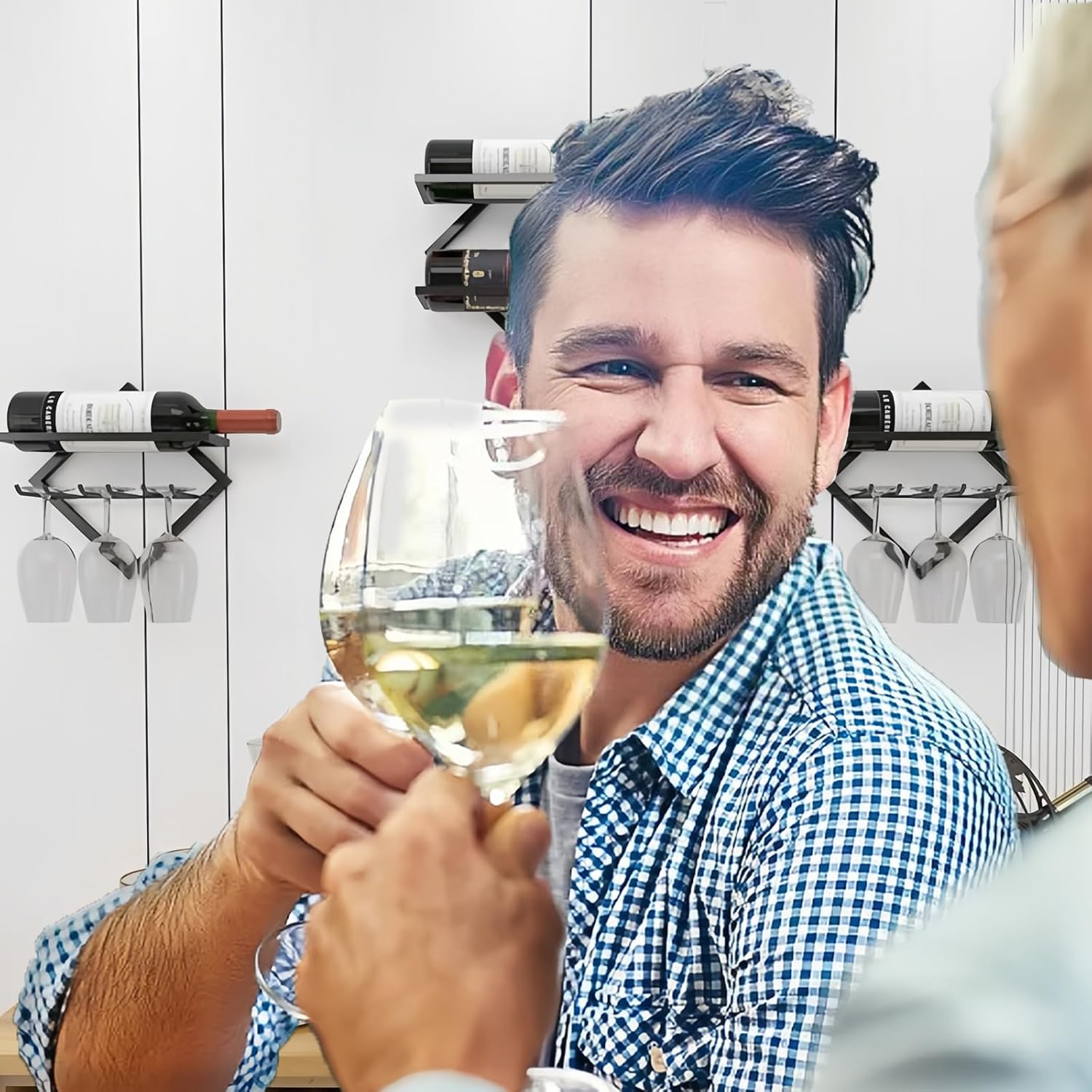 Estante de vino para montar en la pared, 2 unidades, estante plegable para vino colgante con soporte para vidrio, soporte de metal para copa de vino