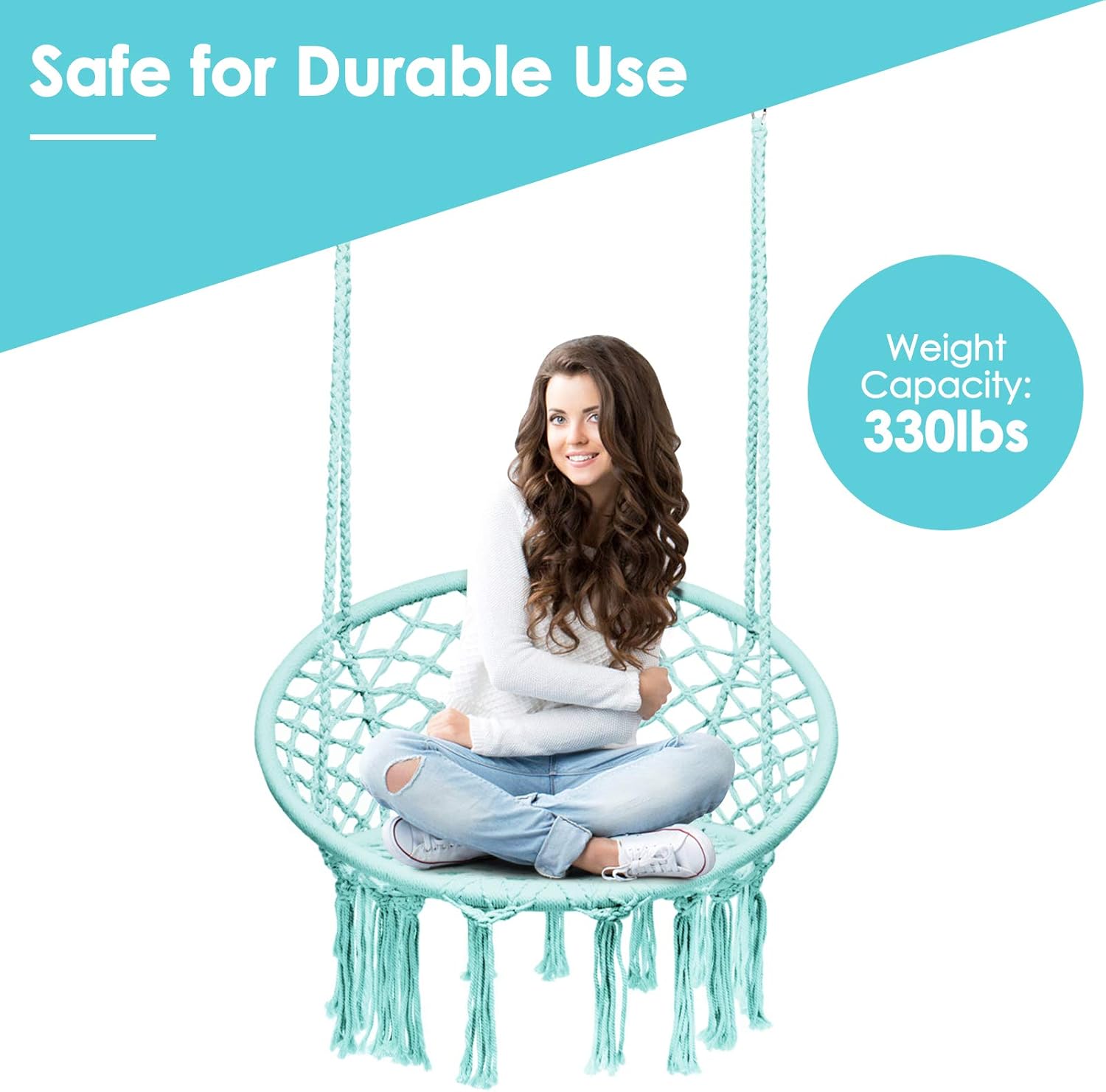 Tangkula Silla hamaca colgante, silla columpio de macramé con borlas y anillos colgantes de alta resistencia, estilo bohemio hecho a mano con cuerda