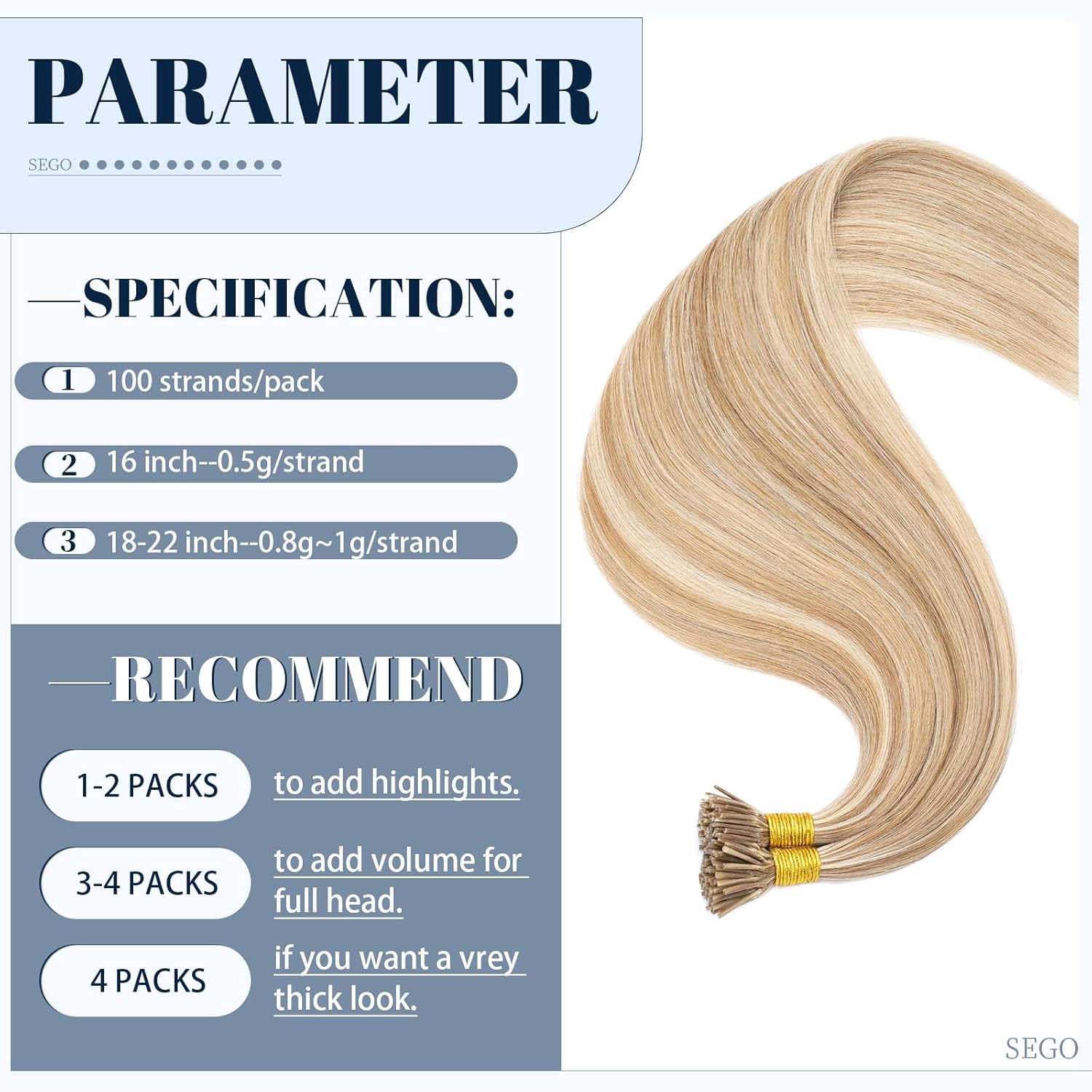 SEGO Barra de queratina preunida con punta I Remy extensión de cabello humano de fusión fría, pieza de cabello para mujeres, liso y lacio, 100