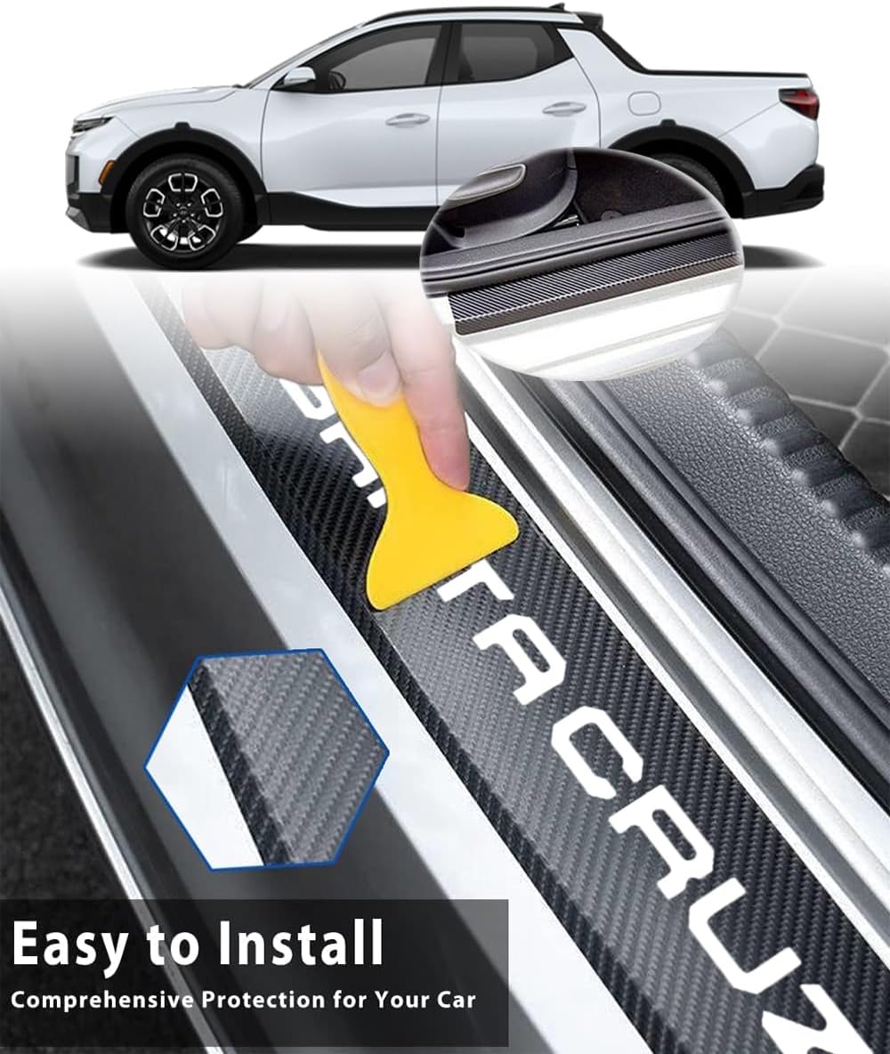 4 protectores de umbral de puerta de automóvil compatibles con Hyundai Santa Cruz, accesorios de automóvil, fibra de carbono, cuero texturizado de