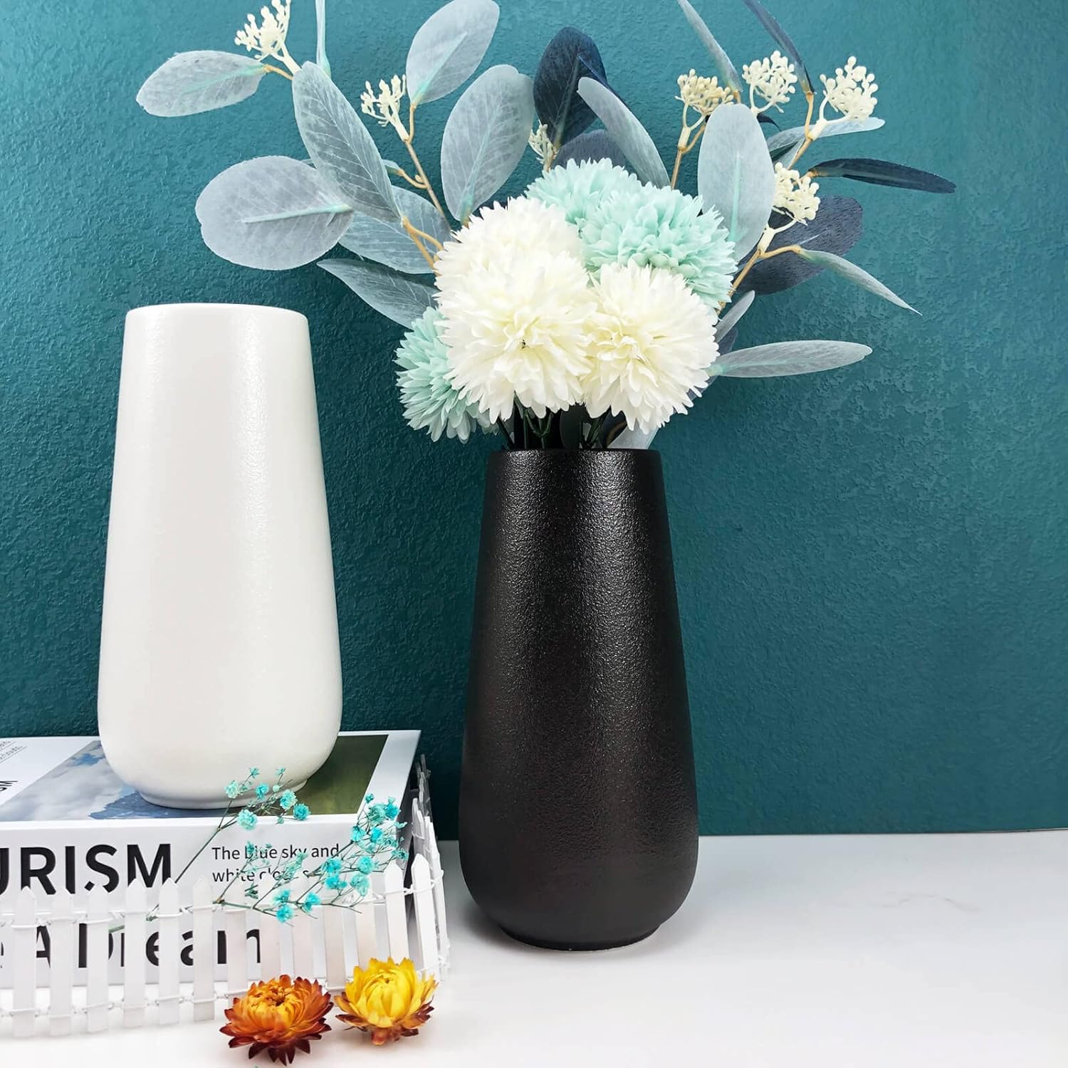Jarrón de cerámica blanco mate de 8 pulgadas para flores, jarrones de granja para flores, decoración moderna y bohemia para habitación, jarrones de