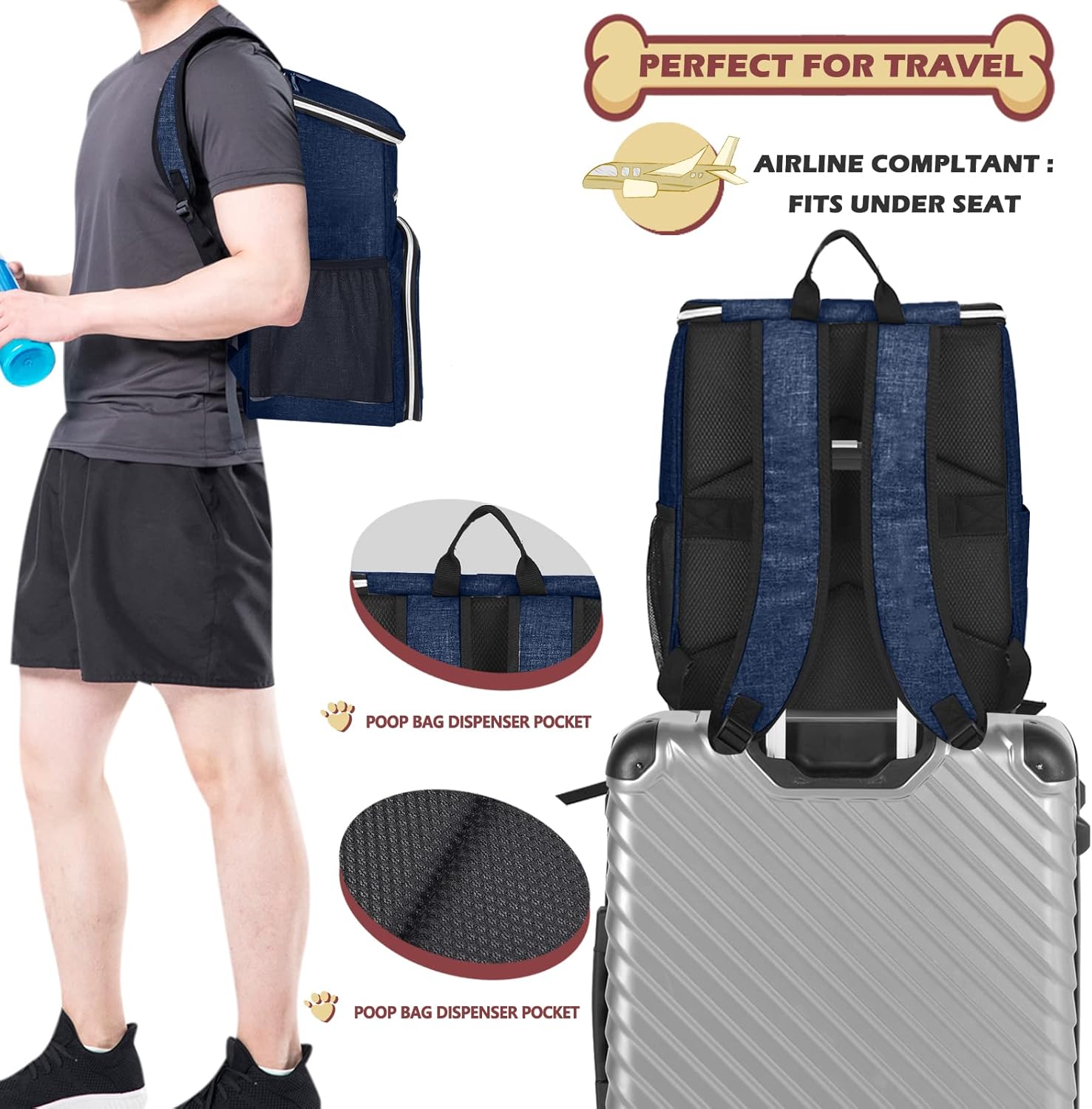 BAGLHER Mochila de viaje para perros, mochila de suministros para mascotas aprobada por aerolíneas, mochila de viaje para perros con 2 cuencos