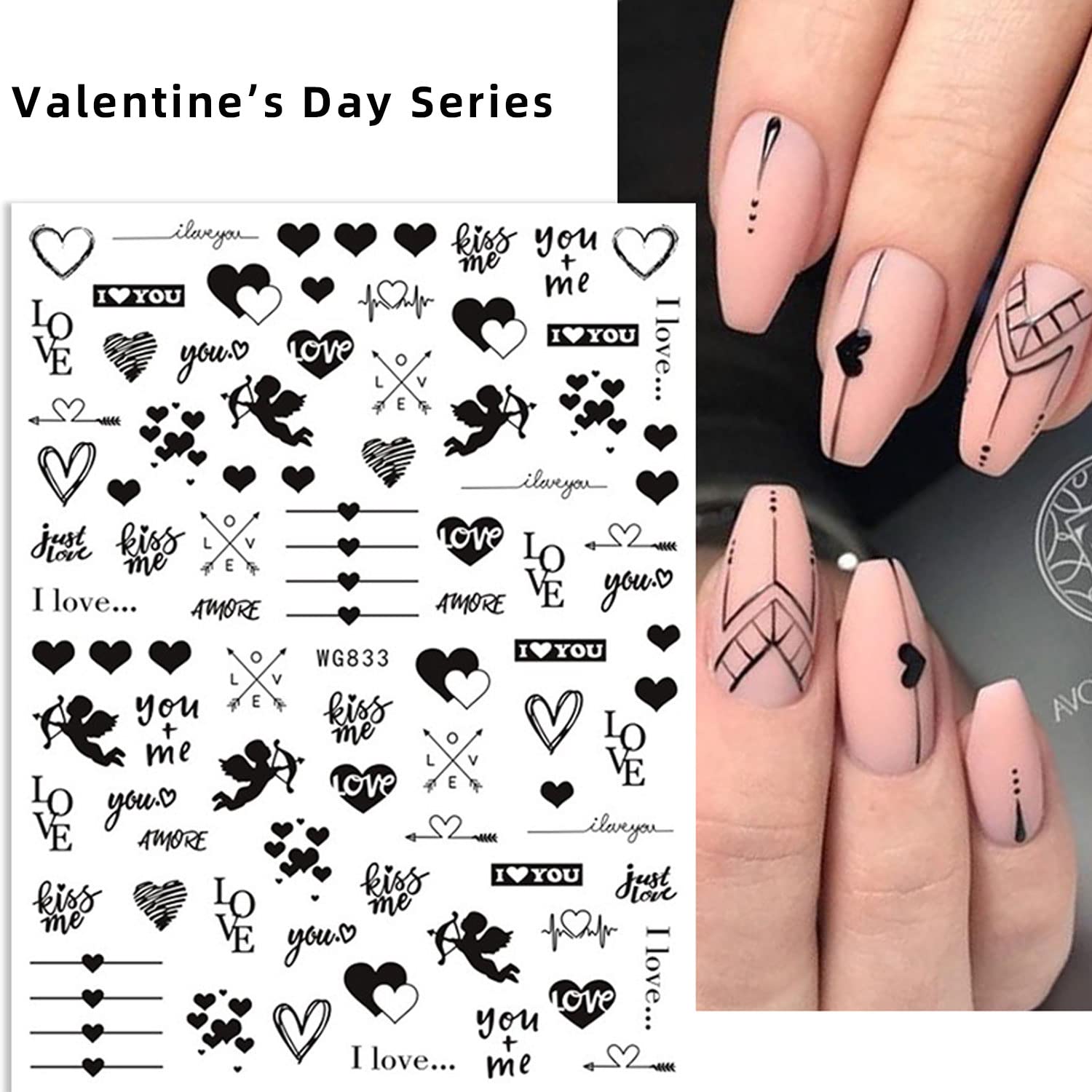 Calcomanías para decorarte las uñas con diseños de San Valentín, diseño de corazón negro y relacionados con el amor, en 3D, autoadhesivas, letras, 6