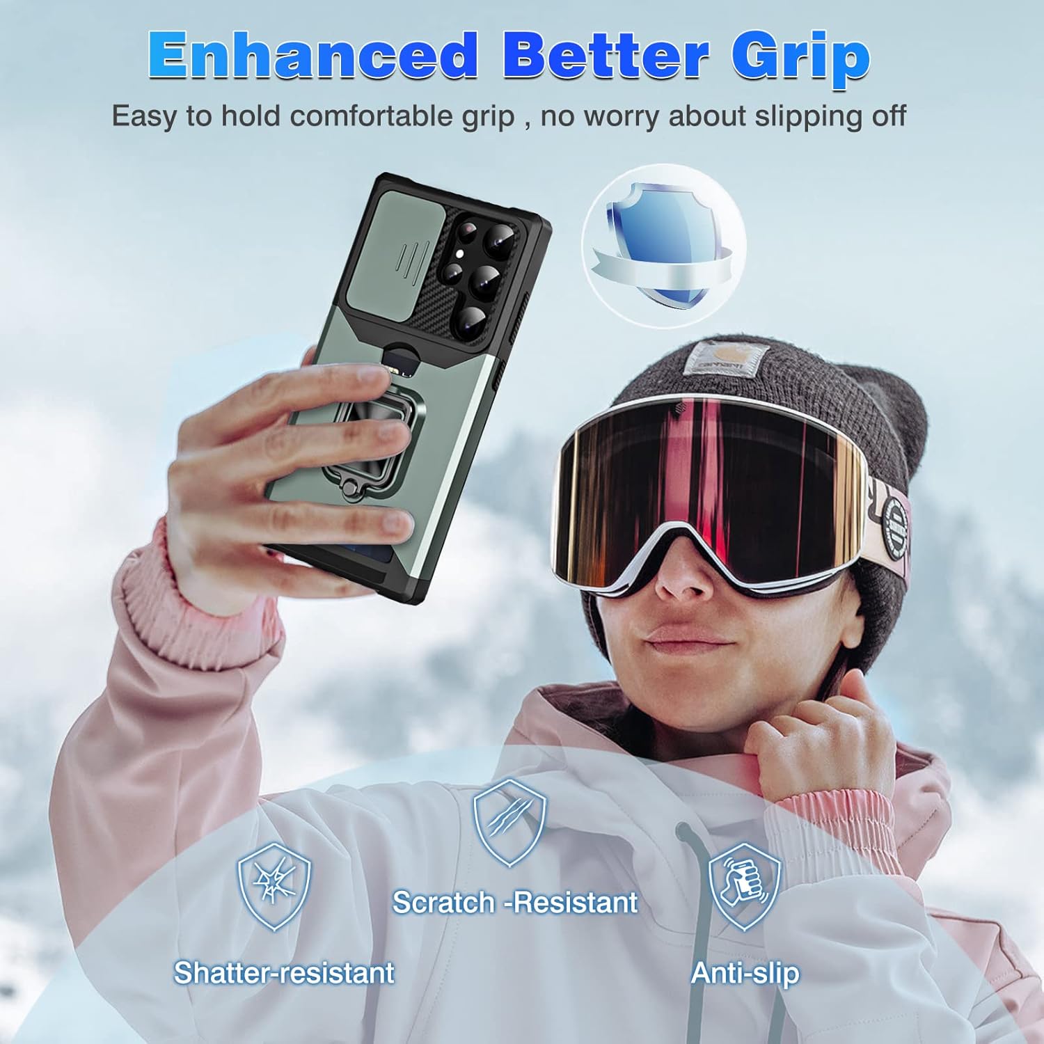 Qshare Funda para Samsung Galaxy S23 Ultra, anillo giratorio de 360, con cubierta de cámara deslizante, a prueba de golpes y caídas, para Samsung