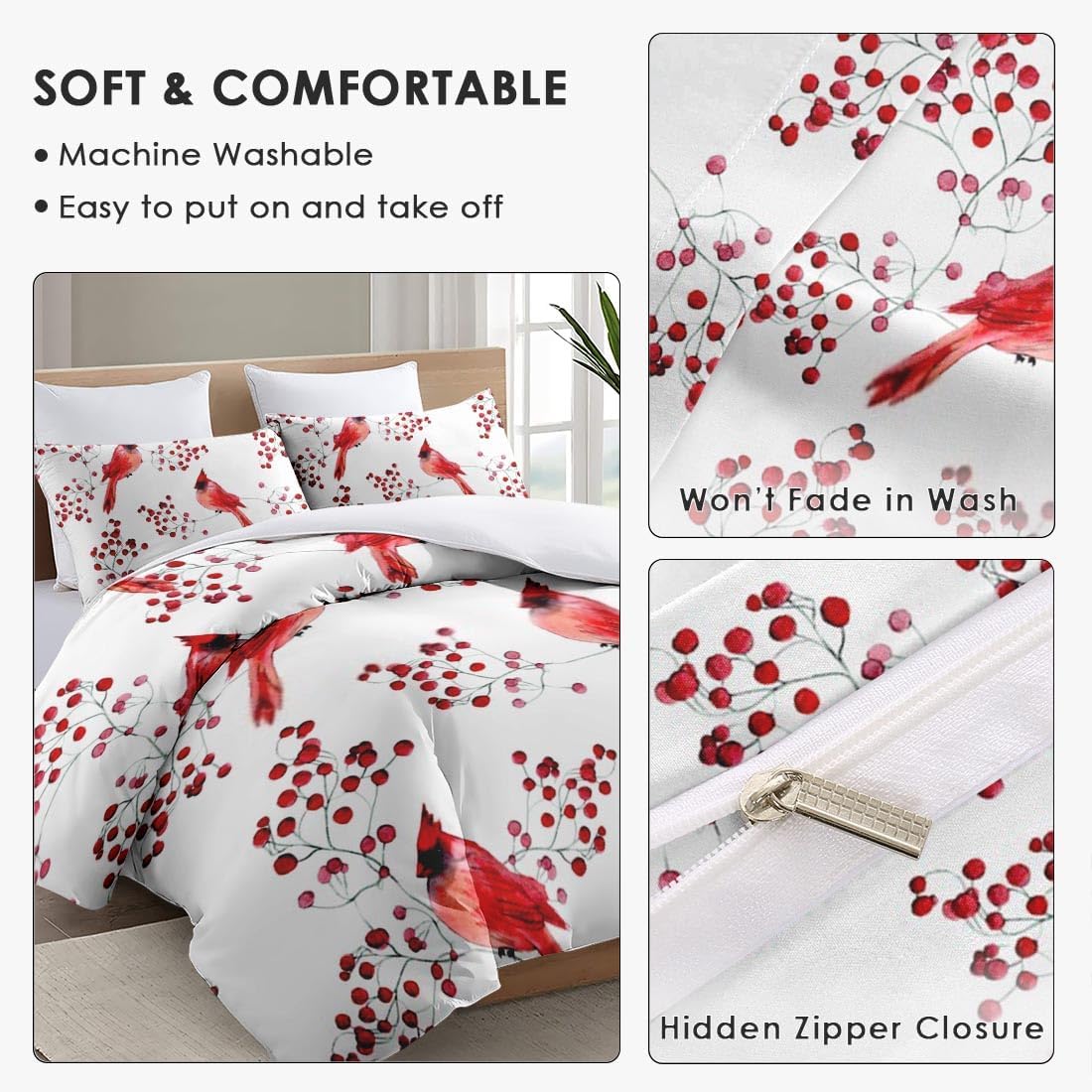 Juego de funda de edredón, bonito juego de ropa de cama de invierno con pájaros cardenales para niños y adultos, decoración de dormitorio, juego de