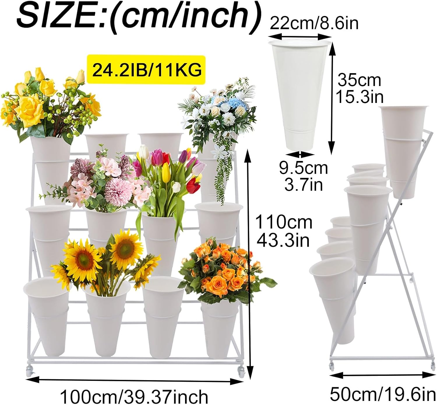 Soporte de exhibición de flores con ruedas, soporte para plantas de hierro para interiores y exteriores, 3 capas de 12 barriles, soporte de