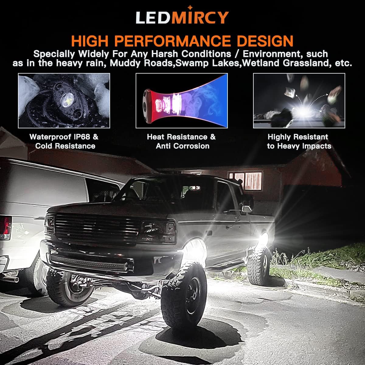 LEDMIRCY Luces LED de roca, color blanco, 2 piezas para todoterreno, camiones, coches, barcos, ATV, SUV, RZR, impermeables, de alta potencia, luces