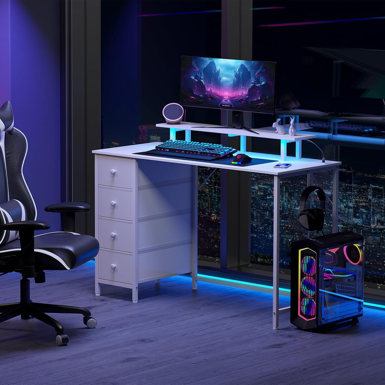 HGD14WT – Escritorio blanco para computadora con luz LED y tomas de corriente, escritorio de juegos de 55 pulgadas con 4 cajones de tela, escritorio