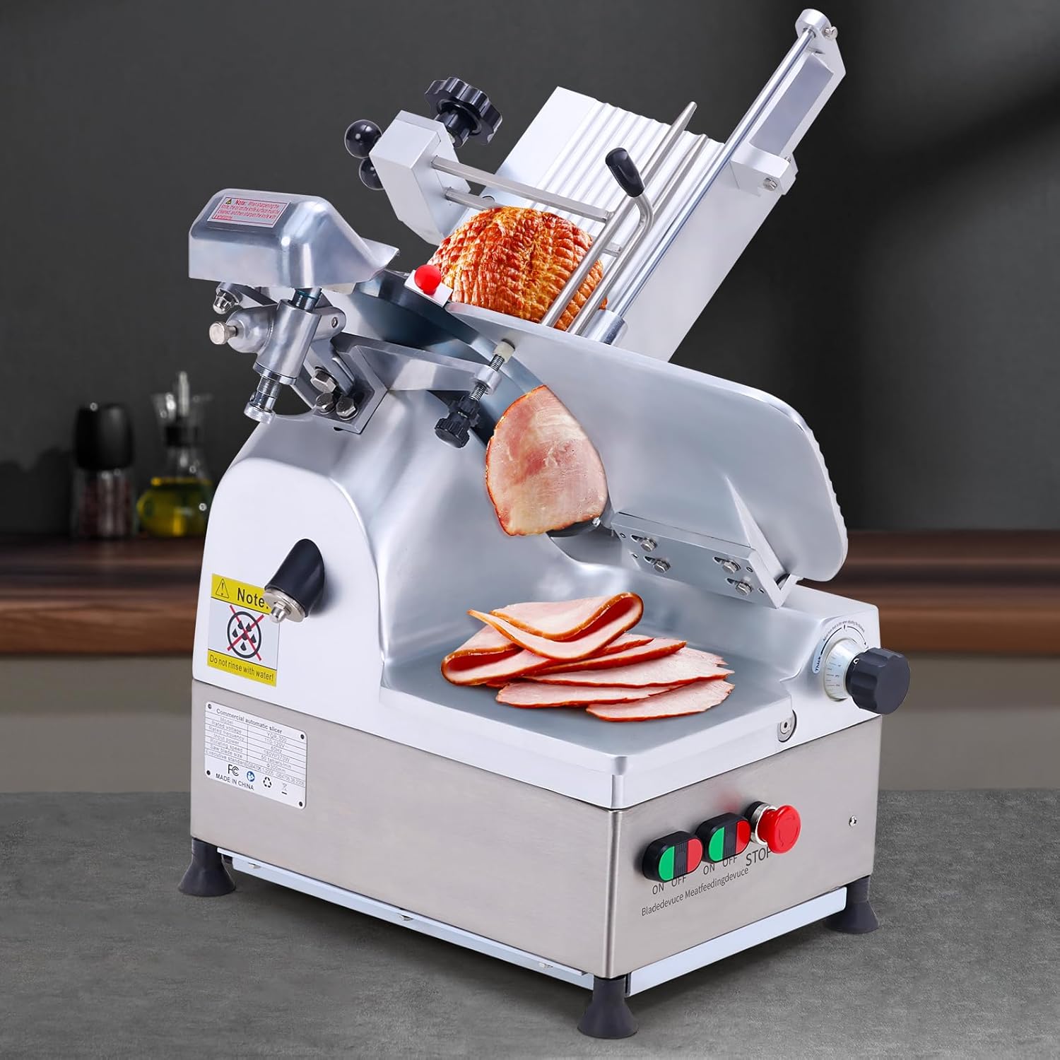 Towallmark Cortadora automática de carne, cortador de delicatessen de 550 W con hoja de acero al carbono de 12 pulgadas, máquina cortadora de carne