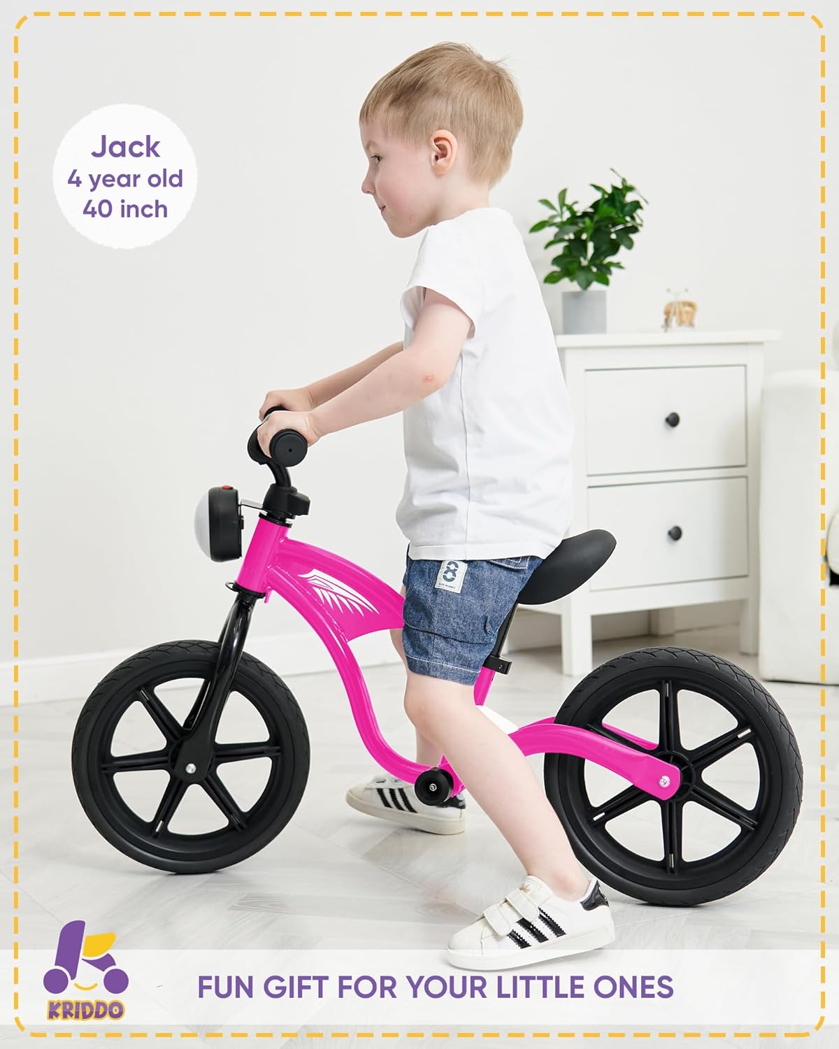 KRIDDO Bicicleta de equilibrio para niños de 2 años, de 24 meses a 5 años, luz delantera, rueda de goma, bicicleta de regalo para niños y niñas de 2