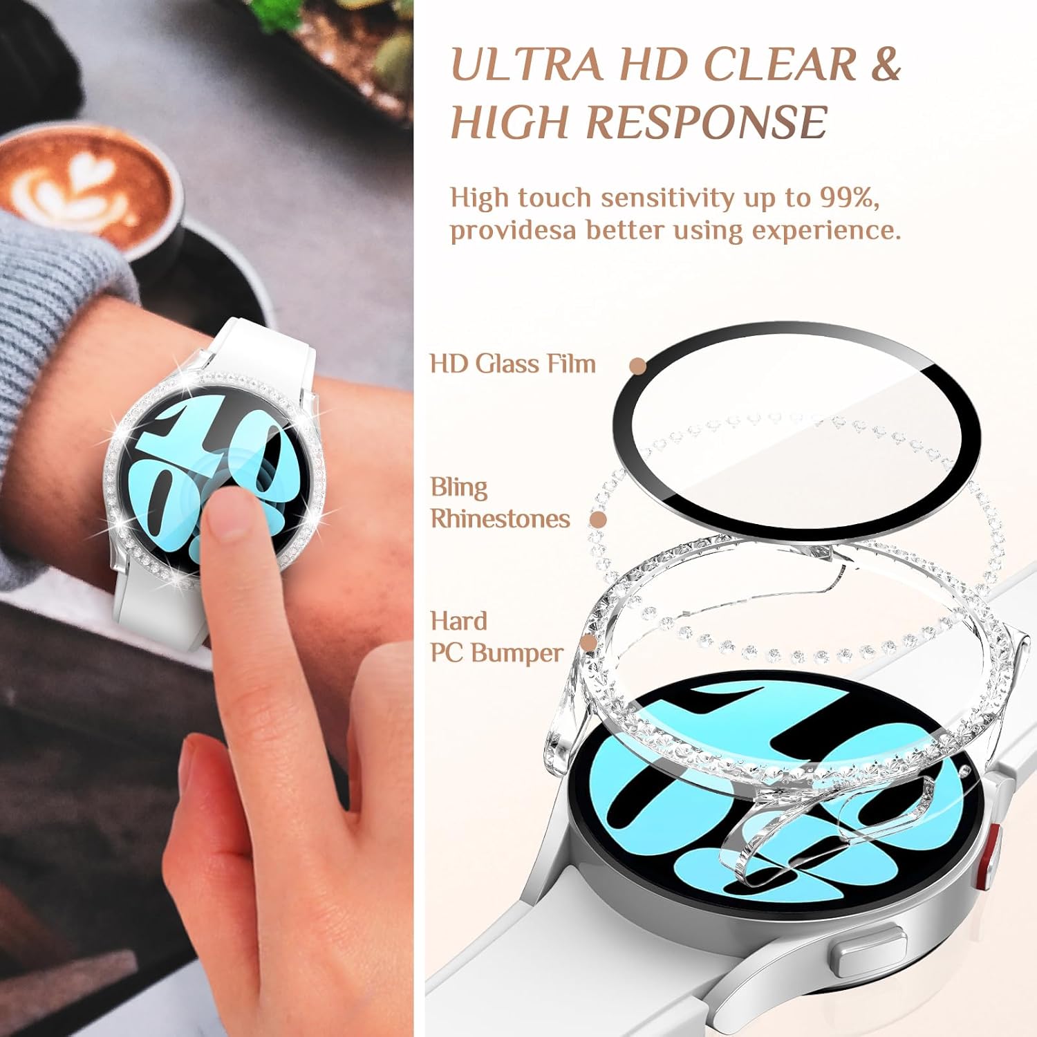 Goton Paquete de 3 fundas brillantes para Samsung Galaxy Watch 6, protector de pantalla de 1.732 in, vidrio templado con purpurina de diamante para