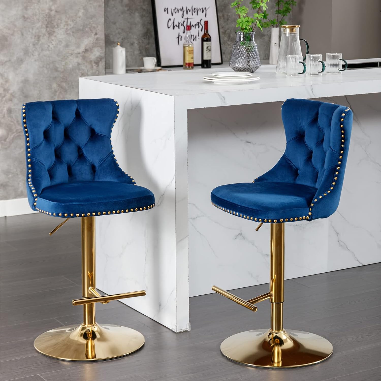Aoowow Juego de 2 taburetes de bar giratorios, taburetes de bar ajustables con respaldo de terciopelo copetudo, sillas de bar modernas tapizadas con