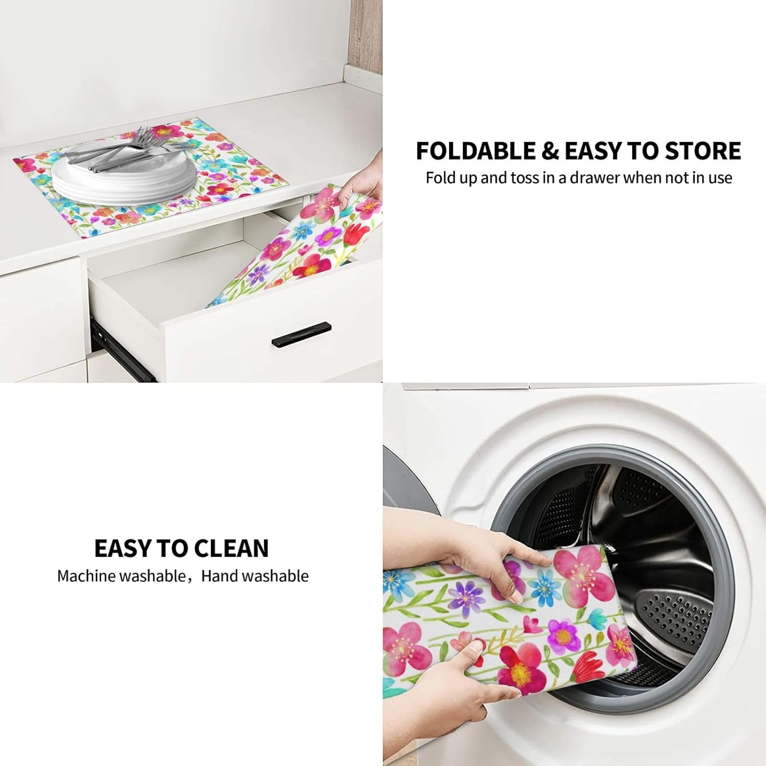 Tapete de secado de platos floral, tapetes reversibles de microfibra absorbente para encimera de cocina, 16 x 18 pulgadas