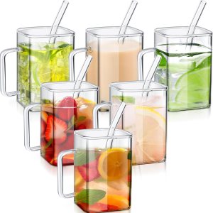 Gejoy 6 tazas cuadradas de vidrio con pajitas, vasos de cóctel finos y bonitos, vasos de café helado portátiles con asa y cepillos para pajilla, Gejoy 6 tazas cuadradas de vidrio con pajitas, vasos de cóctel finos y bonitos, vasos de café helado portátiles con asa y cepillos para pajilla,