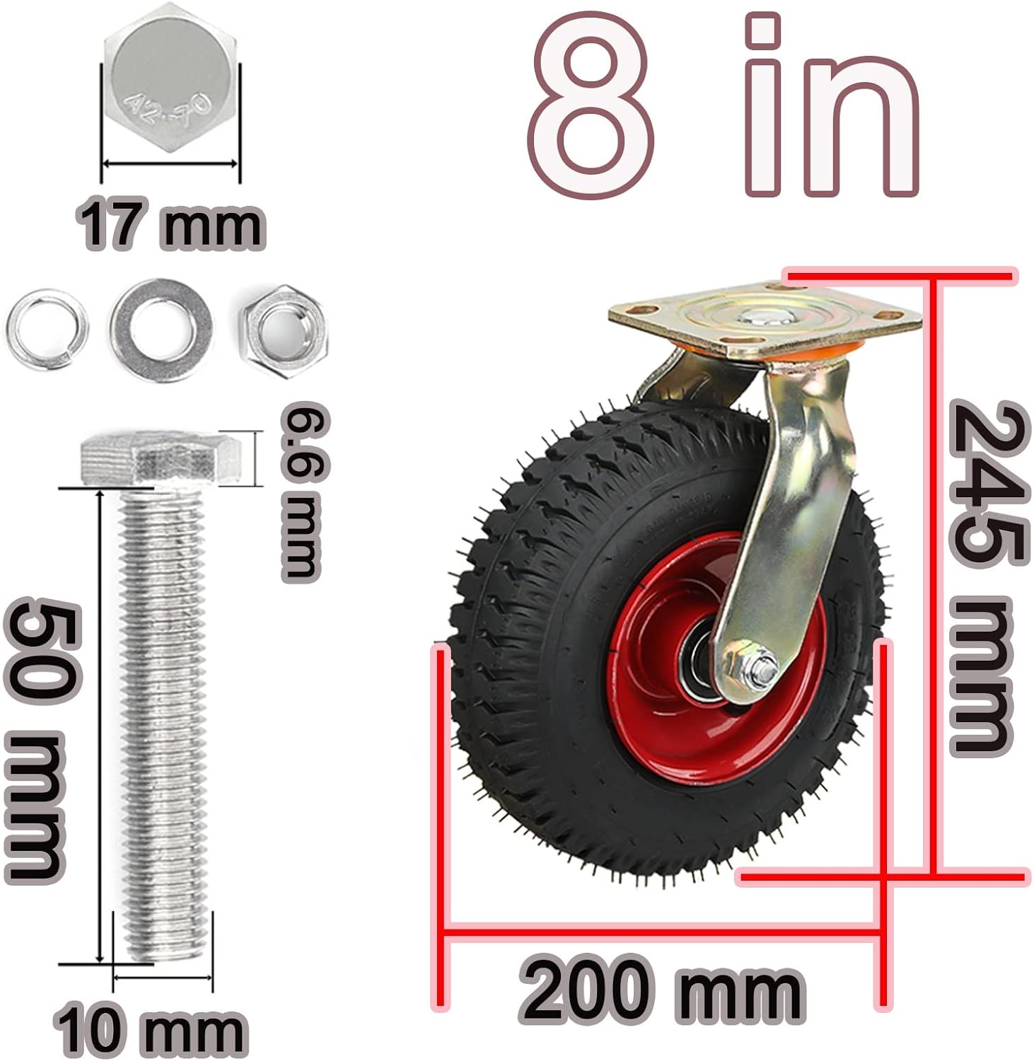 WORDFUN Juego de 4 ruedas giratorias de goma resistentes y altamente elásticas, ruedas de 8 pulgadas rellenas de aire estilo vacío, rueda industrial