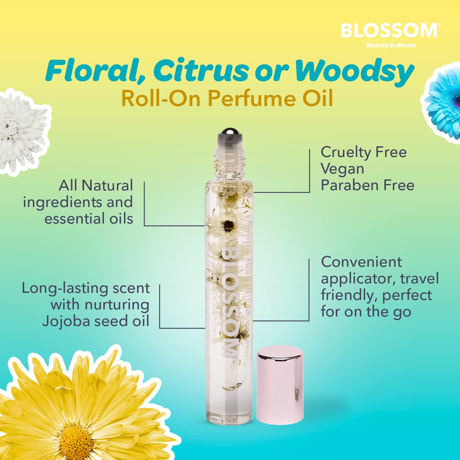 Blossom Aceite de perfume roll-on Rollerball con ingredientes naturales + aceites esenciales, infundido con flores reales, fabricado en Estados