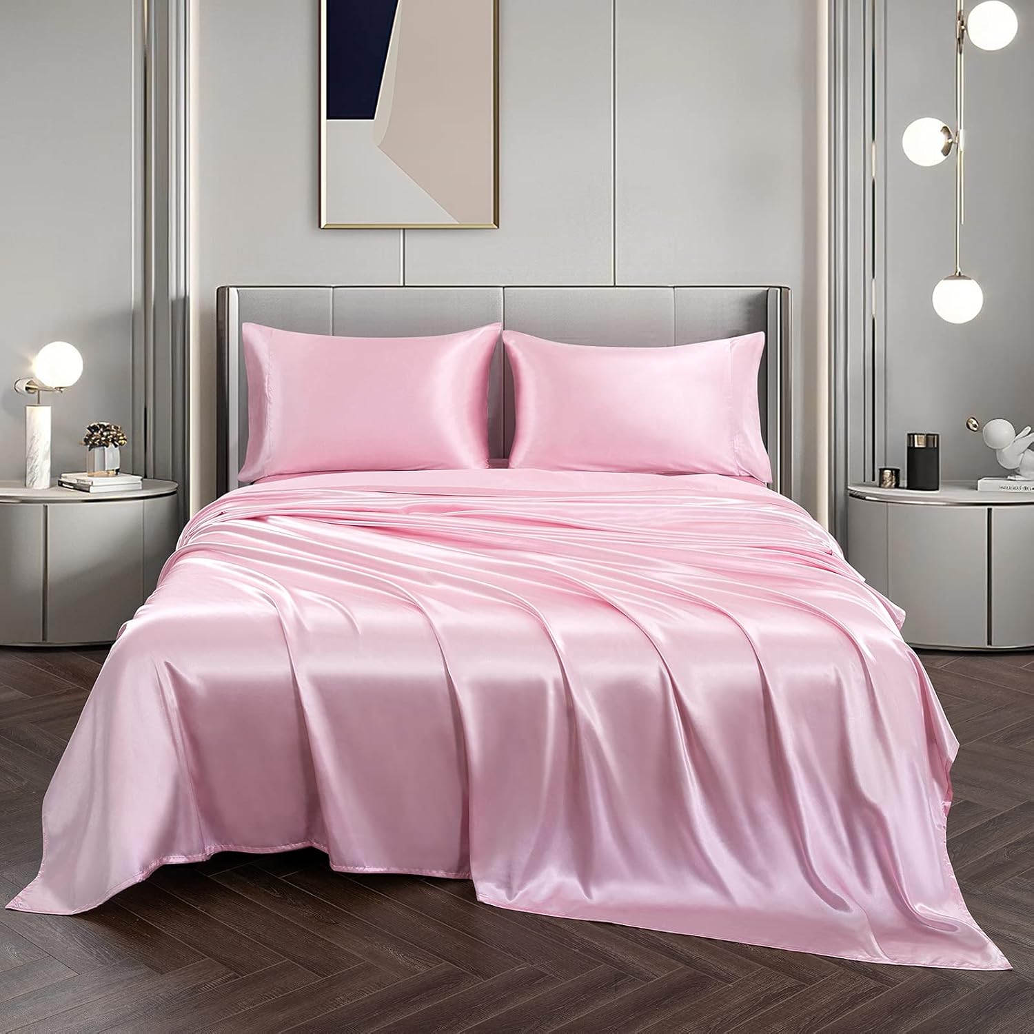 Vonty Juego de sábanas de satén suaves y sedosas para cama individual XL, 1 sábana bajera de bolsillo profundo + 1 sábana encimera + 1 funda de