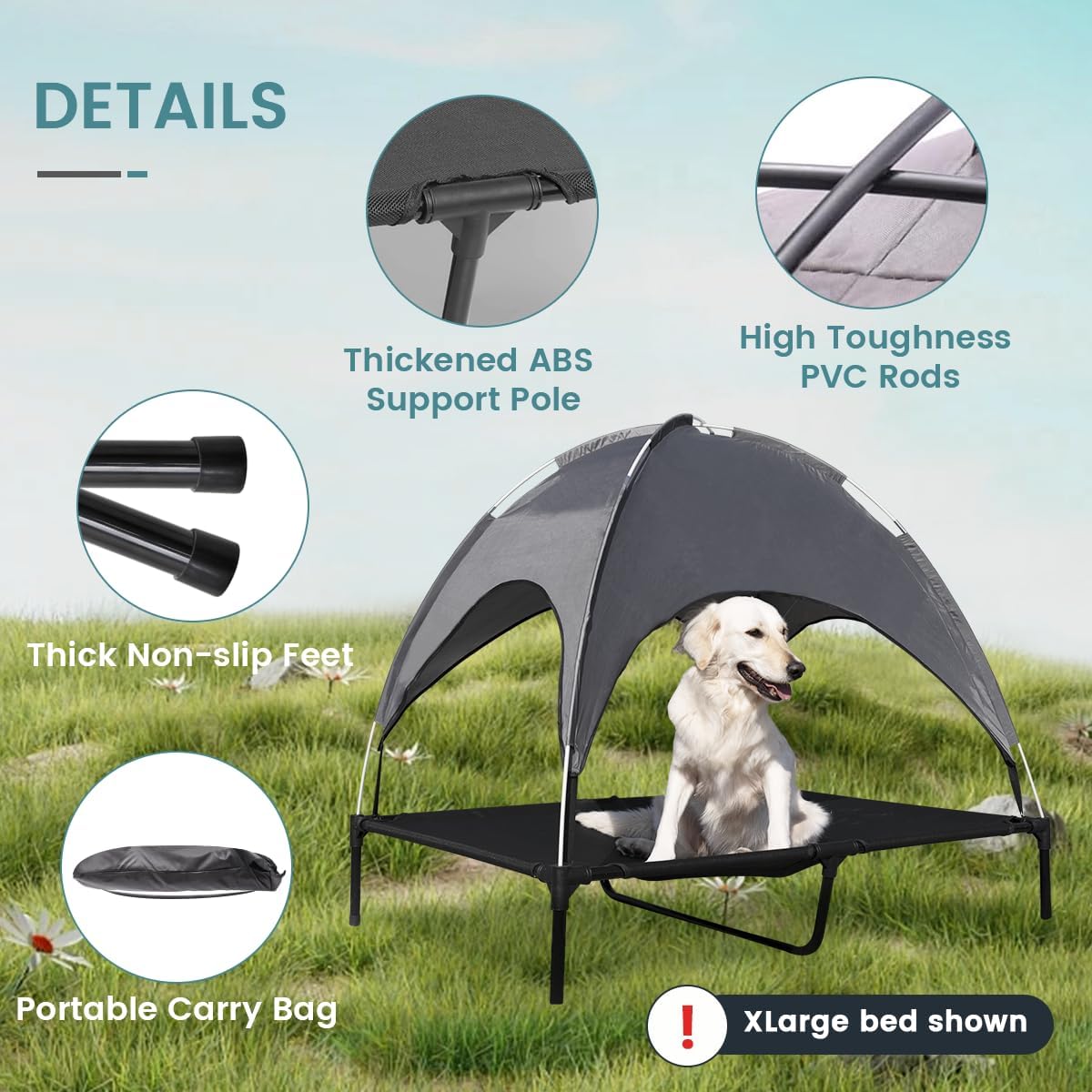 Cama elevada para perros de 50 pulgadas con toldo, cuna elevada para mascotas con parasol extraíble para campamento, PVC 600D de lujo con cama de
