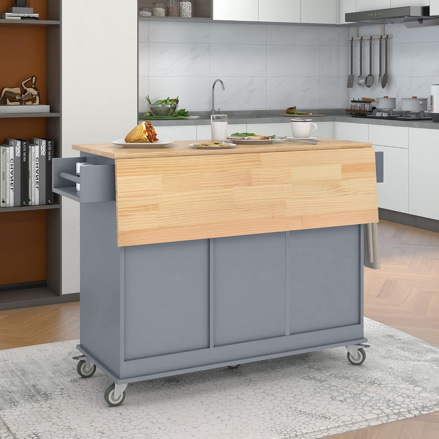 Isla de cocina rodante con parte superior de madera maciza y ruedas de bloqueo, carrito de cocina móvil con gabinete de almacenamiento y barra de