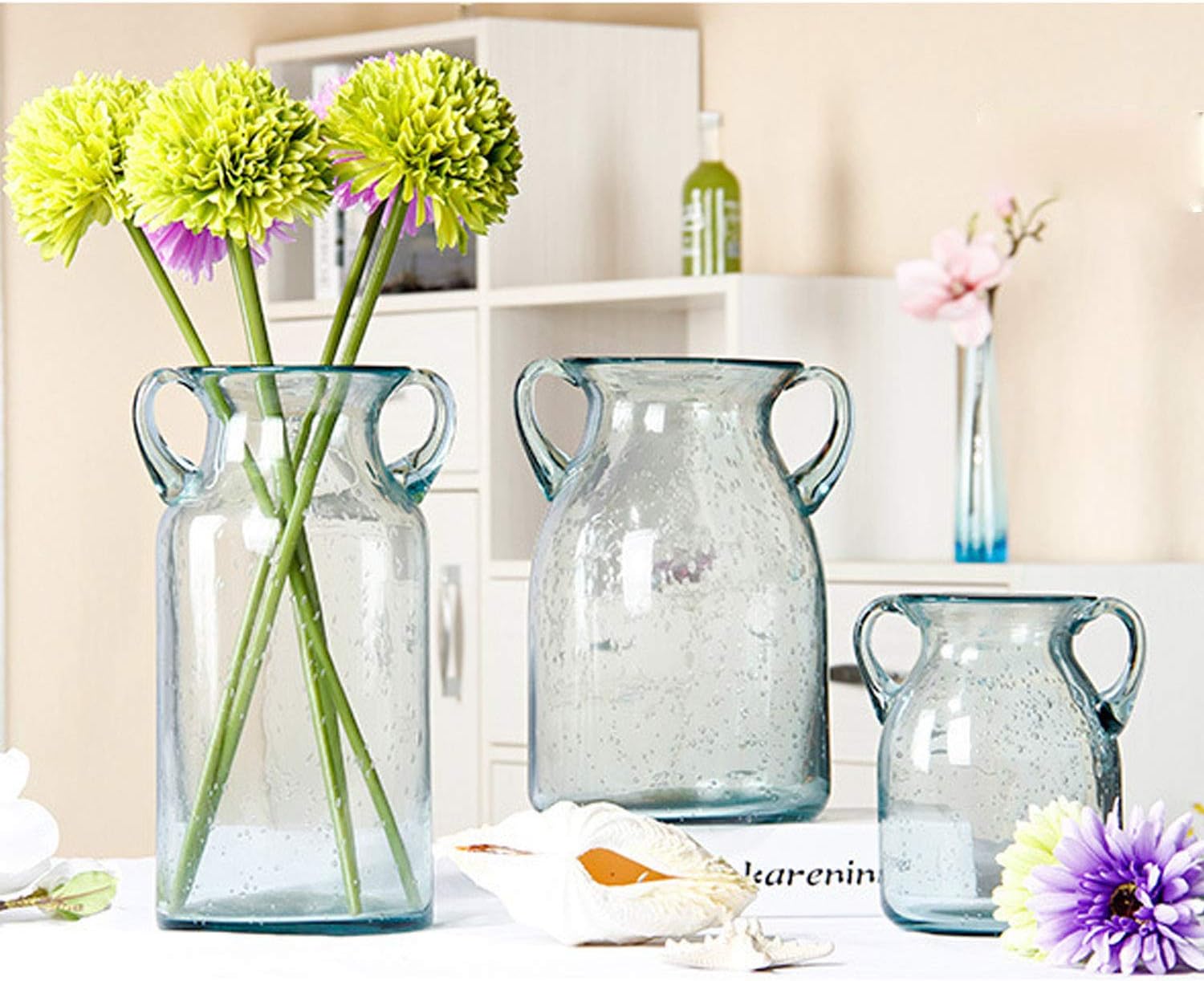 JSY-UP Jarrón pequeño de vidrio transparente con doble oreja y burbujas decorativas hechas a mano de relleno, (azul, morado, gris, verde) floreros