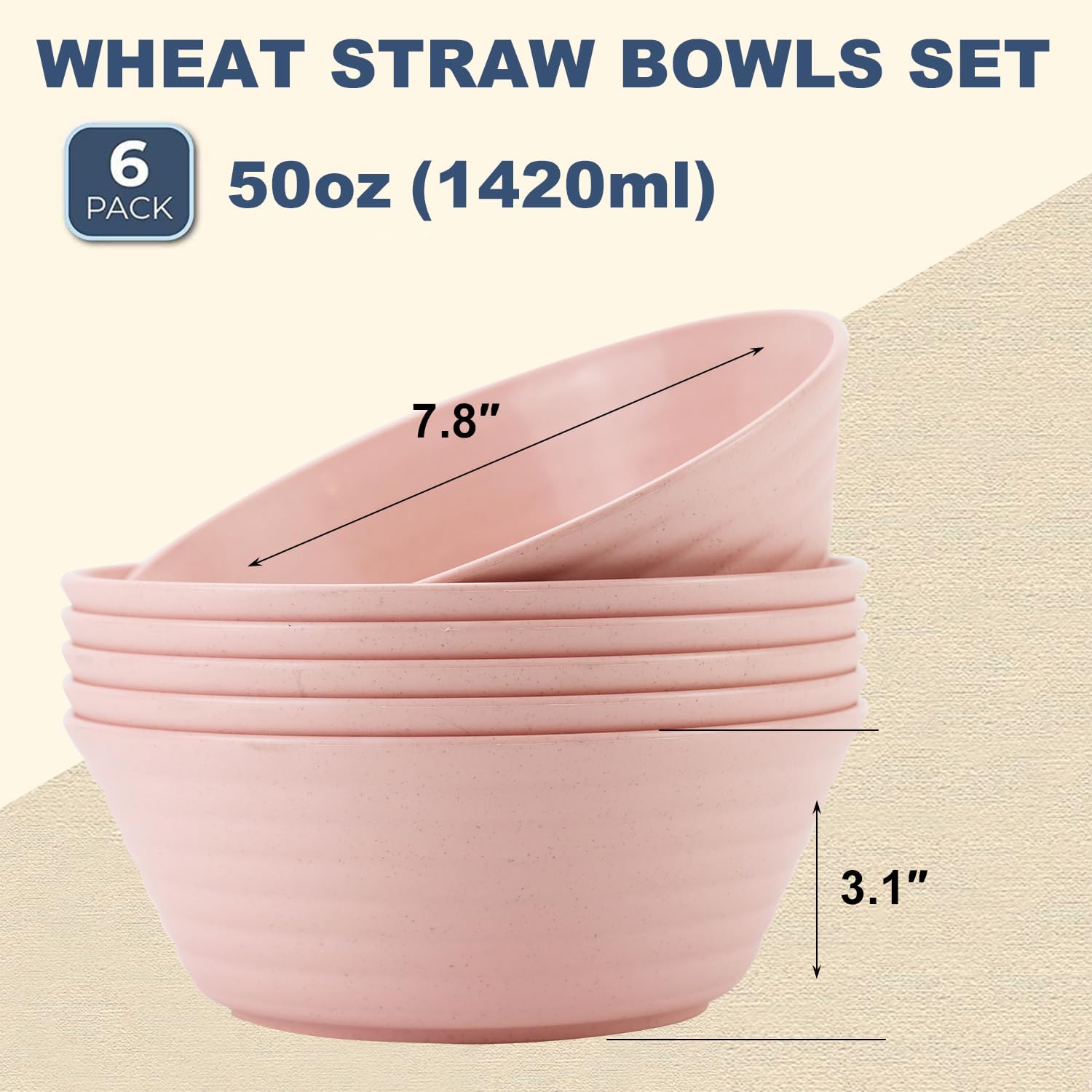 Wrova Juego de 6 cuencos de paja de trigo, cuencos irrompibles de 50 onzas, aptos para microondas y lavavajillas, juegos de cuencos súper grandes,