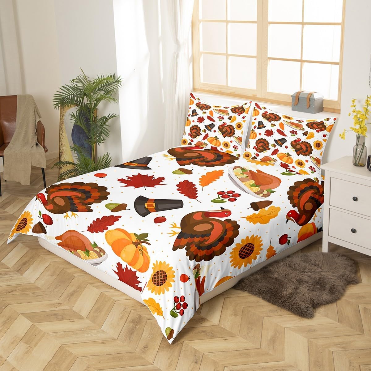 Feelyou Juego de funda de edredón de decoración de Acción de Gracias, tamaño Queen, lindo juego de ropa de cama de pavo para niños, decoración de