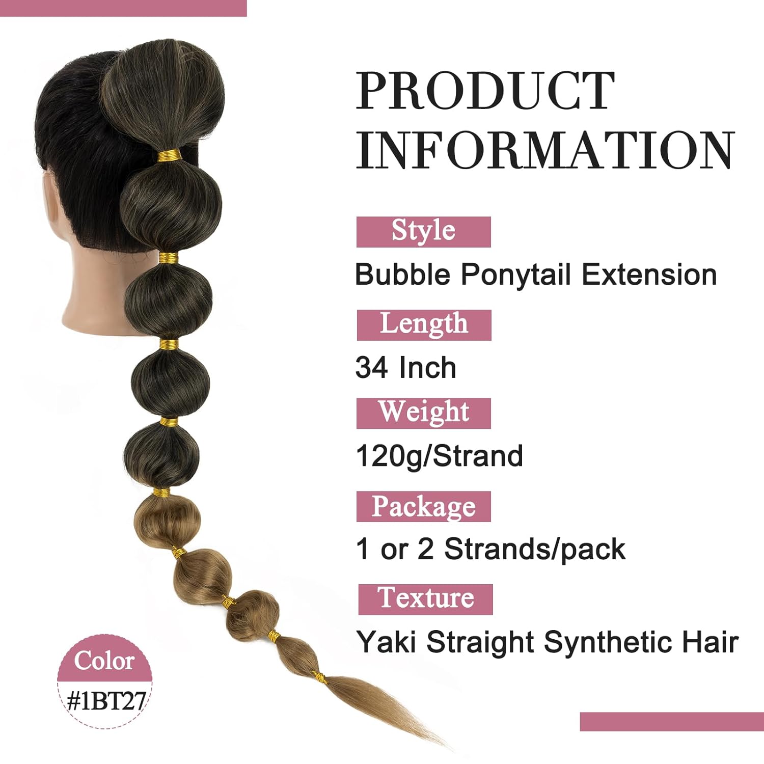 Benehair Extensión de cola de caballo larga de burbujas para mujer, cola de caballo afro negra, trenzada, con banda para el cabello, extensiones de