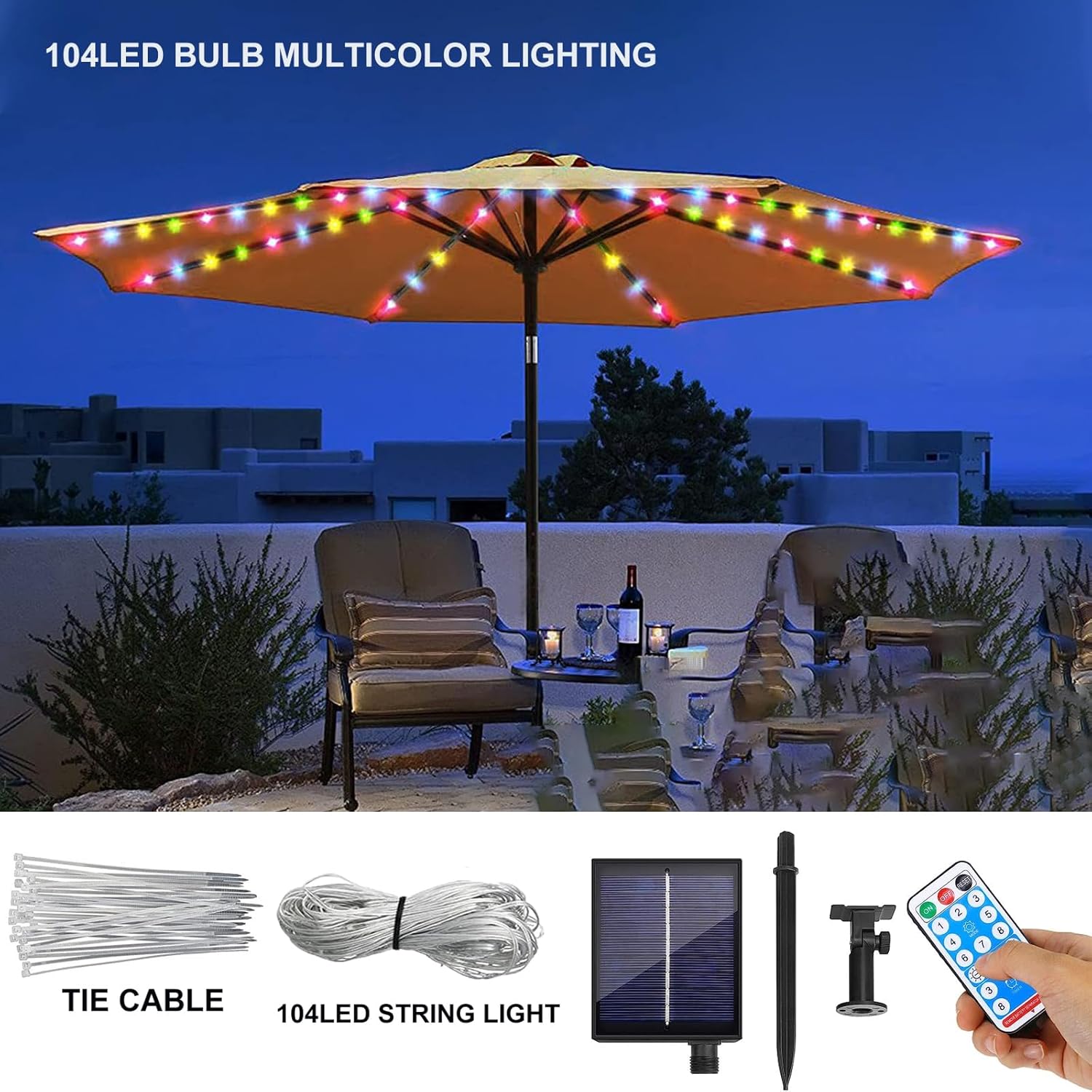AMZSTAR Luz solar para sombrilla de patio con 8 modos de iluminación y control remoto LED inalámbrico para sombrilla de mesa, iluminación al aire