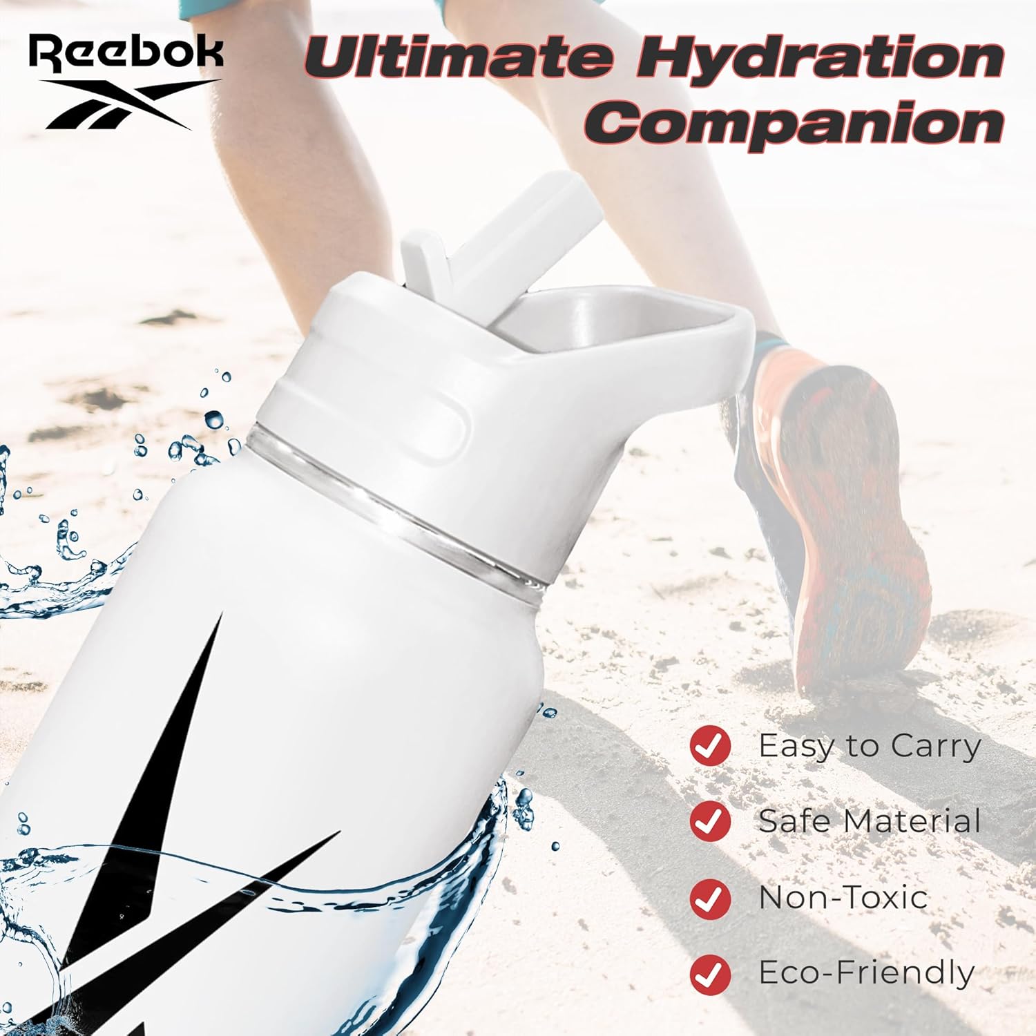 Reebok Botella de agua de acero inoxidable con tapa de popote y diseño atlético, 32 onzas, botella de agua deportiva aislada al vacío de doble pared