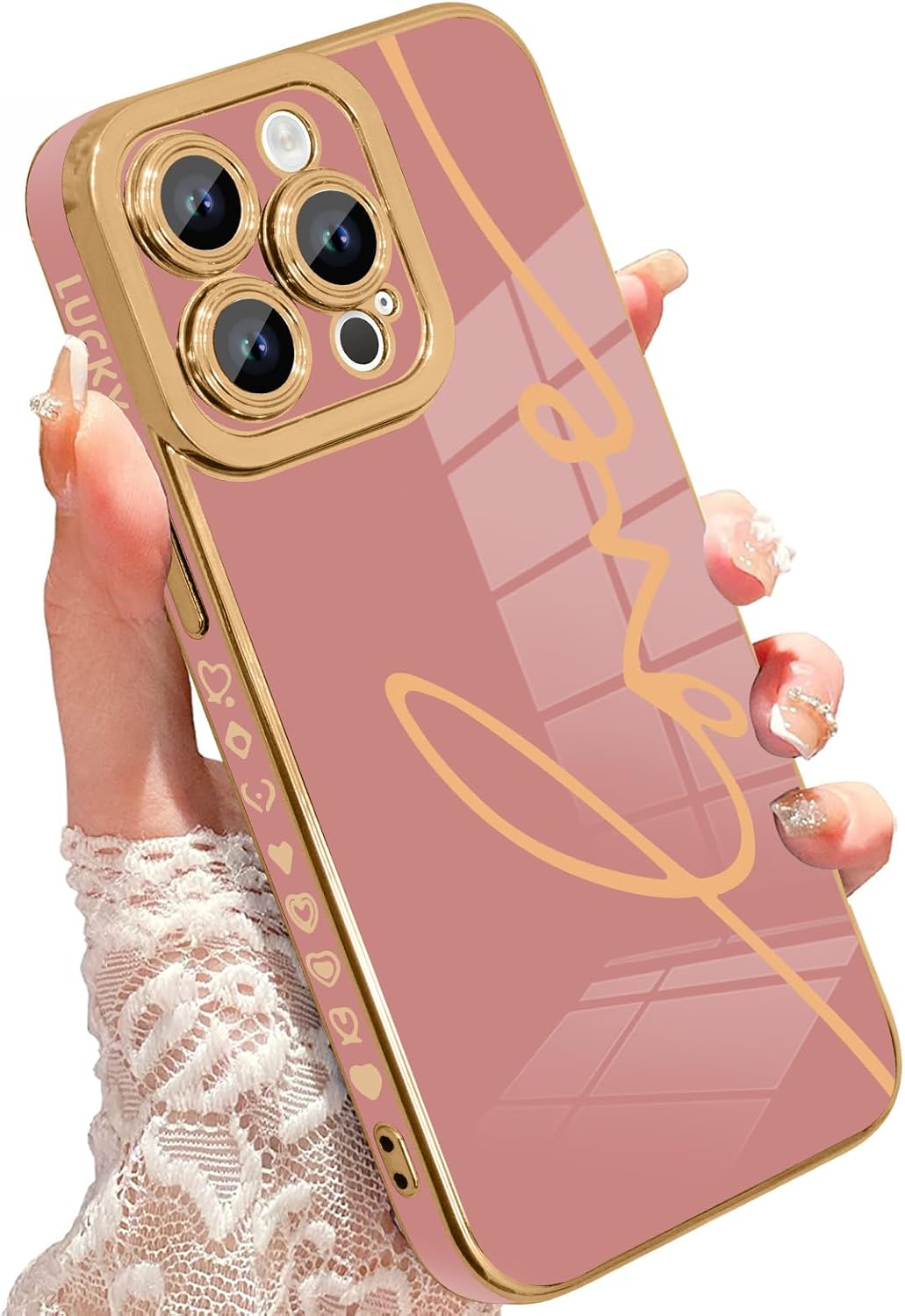 Fiyart Diseñada para iPhone 15 Pro Max, bonita funda chapada en amor para mujeres y niñas, con protector de pantalla, protector de cámara, cubierta