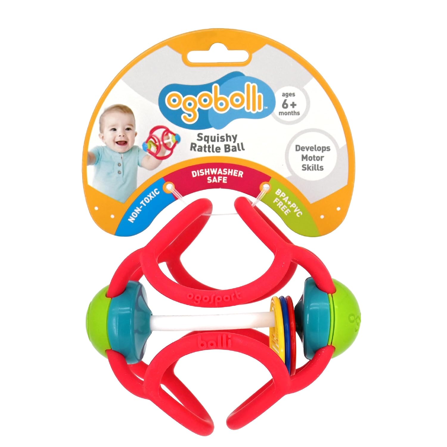 OgoBolli – Anillo de mordedor, bola sensorial táctil y sonajero para bebés y niños pequeños, elástico, esponjoso, suave, no tóxico, silicona para